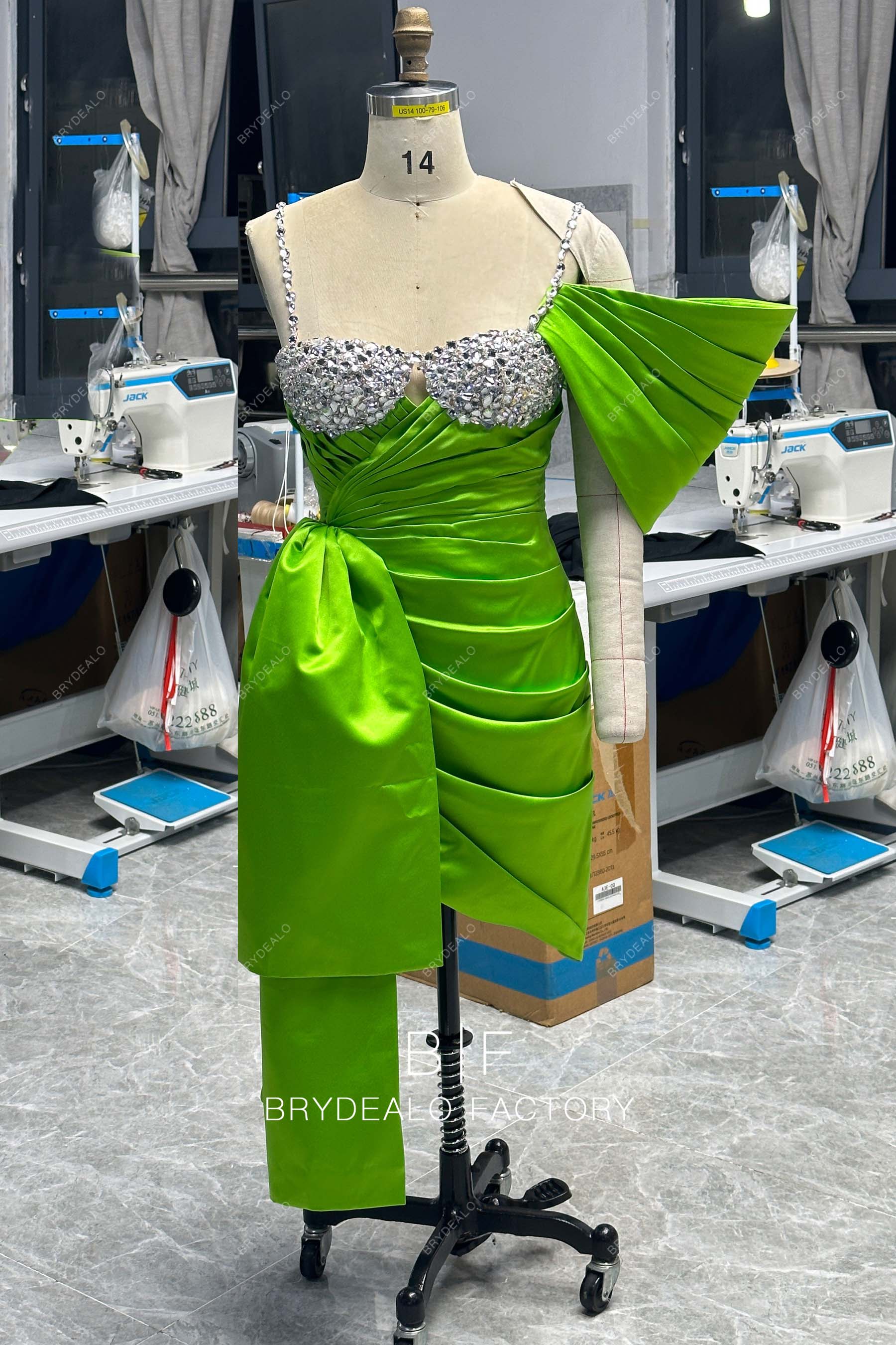 green emerald velvet dress Private Label One Shoulder Crystals Lime Green Satin Bodycon Dress