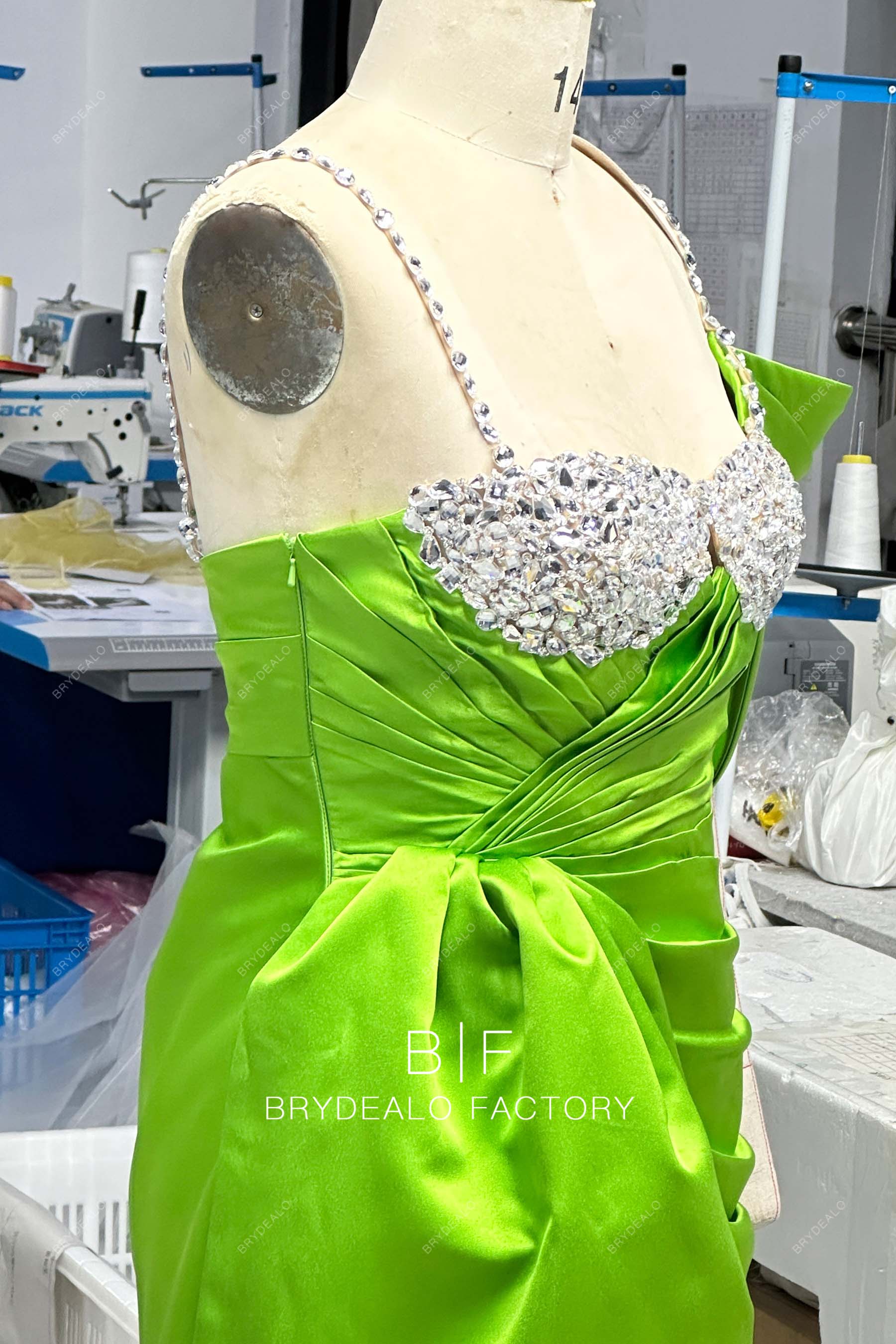 crystals spaghetti straps sleeveless pleated satin dress