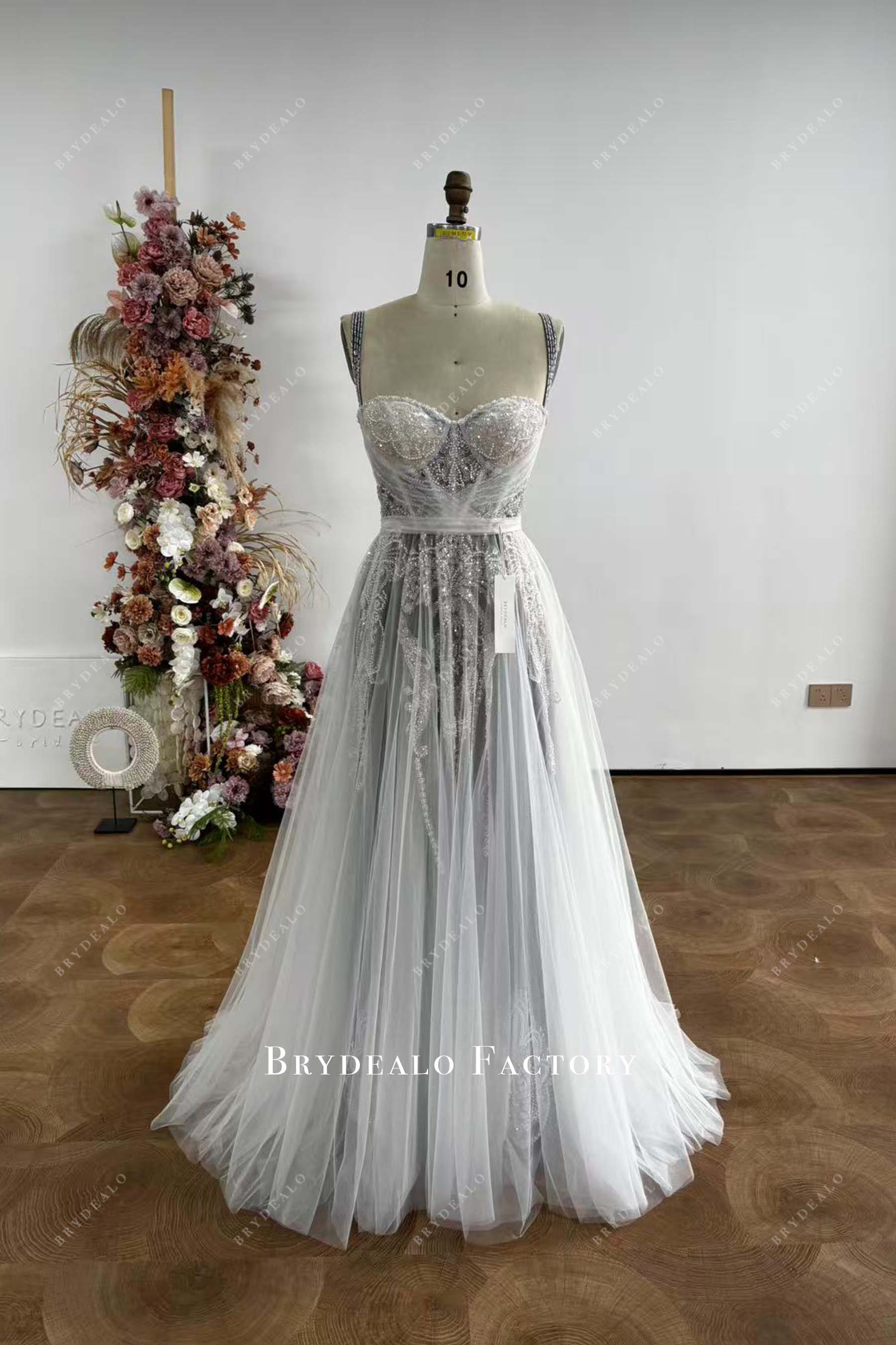 beaded strap dress A-Line Sweep-Brush Train Lace Tulle Beach Wedding Dresses COCOMELODY CW3548 main image 1