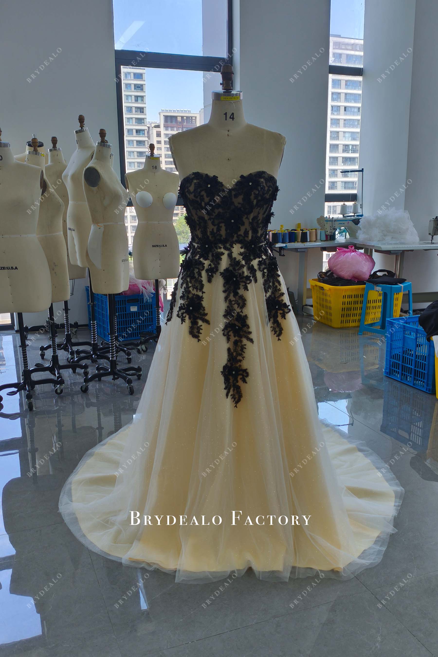 Custom Black Lace Strapless Champagne Wedding Dress