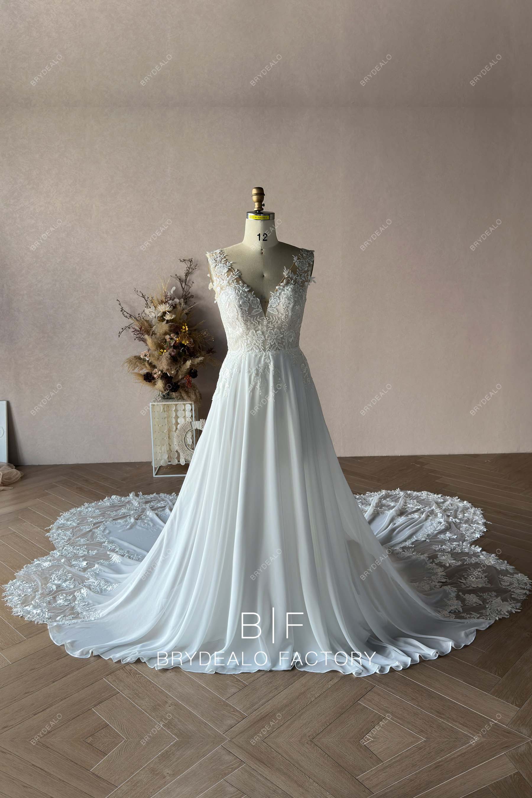 Custom Boho Lace V-neck Chiffon A-line Wedding Dress
