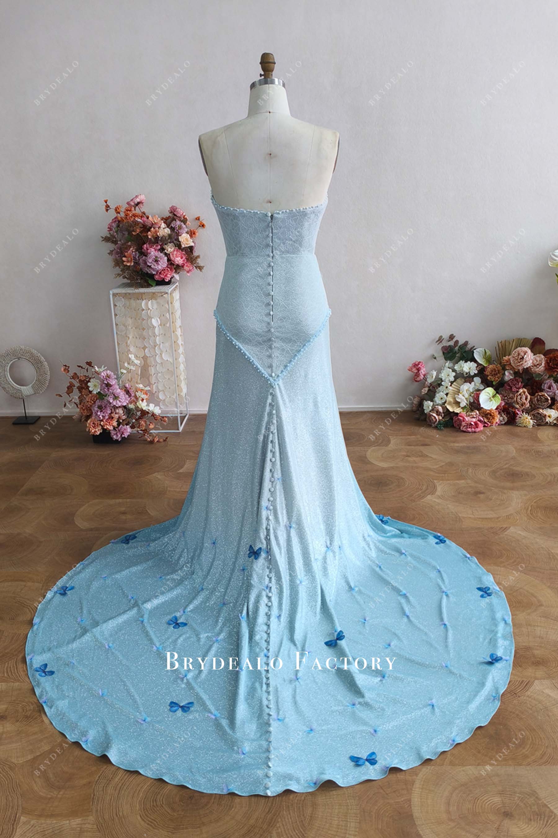custom butterfly blue silver mermaid wedding dress