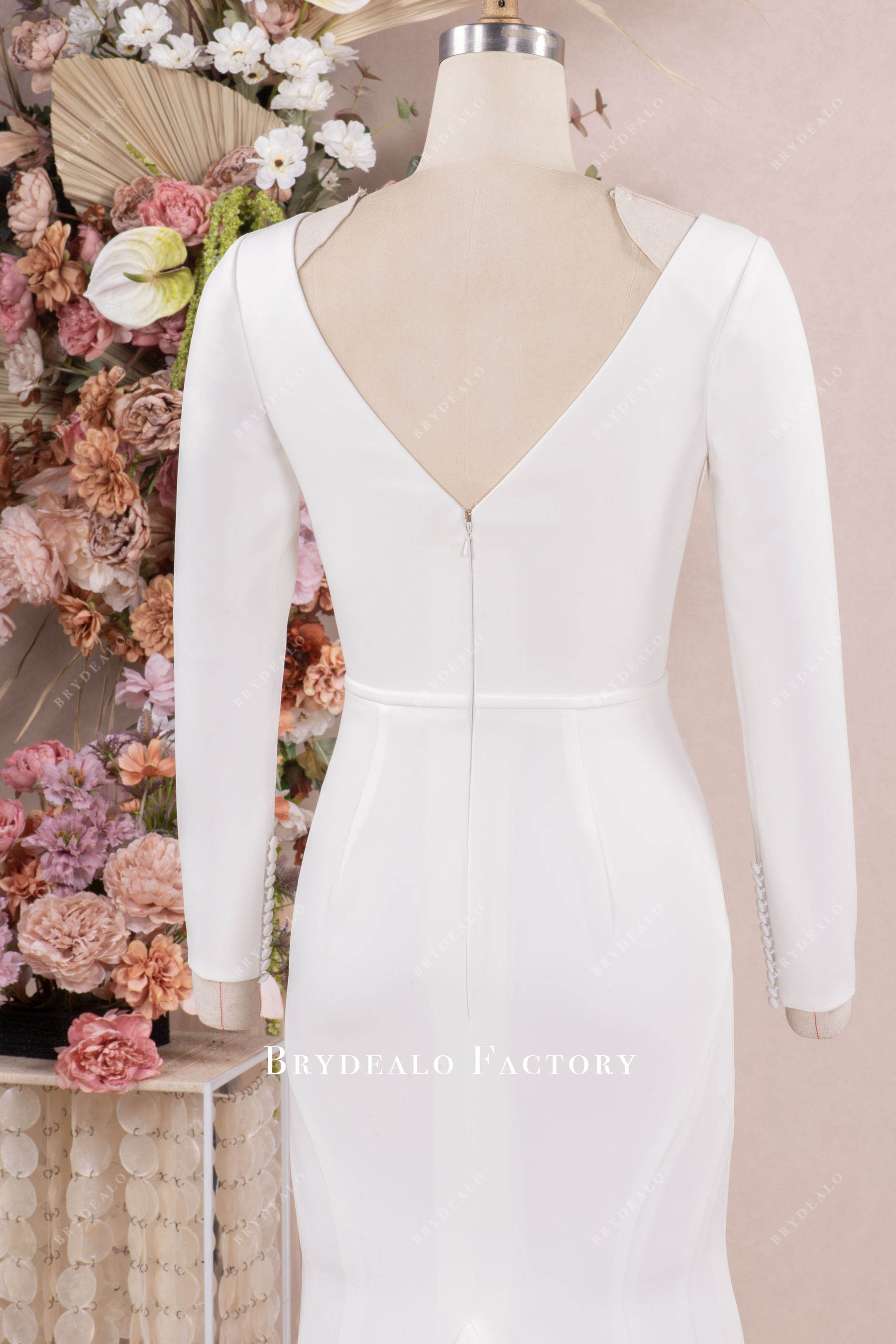custom crepe V-cut back wedding dress