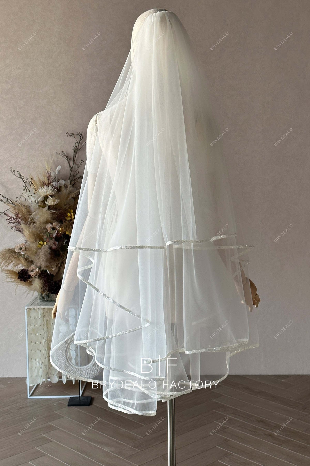 CUSTOM MADE Silver Mica Flake Veil in Ivory. Crystal Leaf Wedding Veil | Sparkling Bridal Veil with Leaf  main image 2