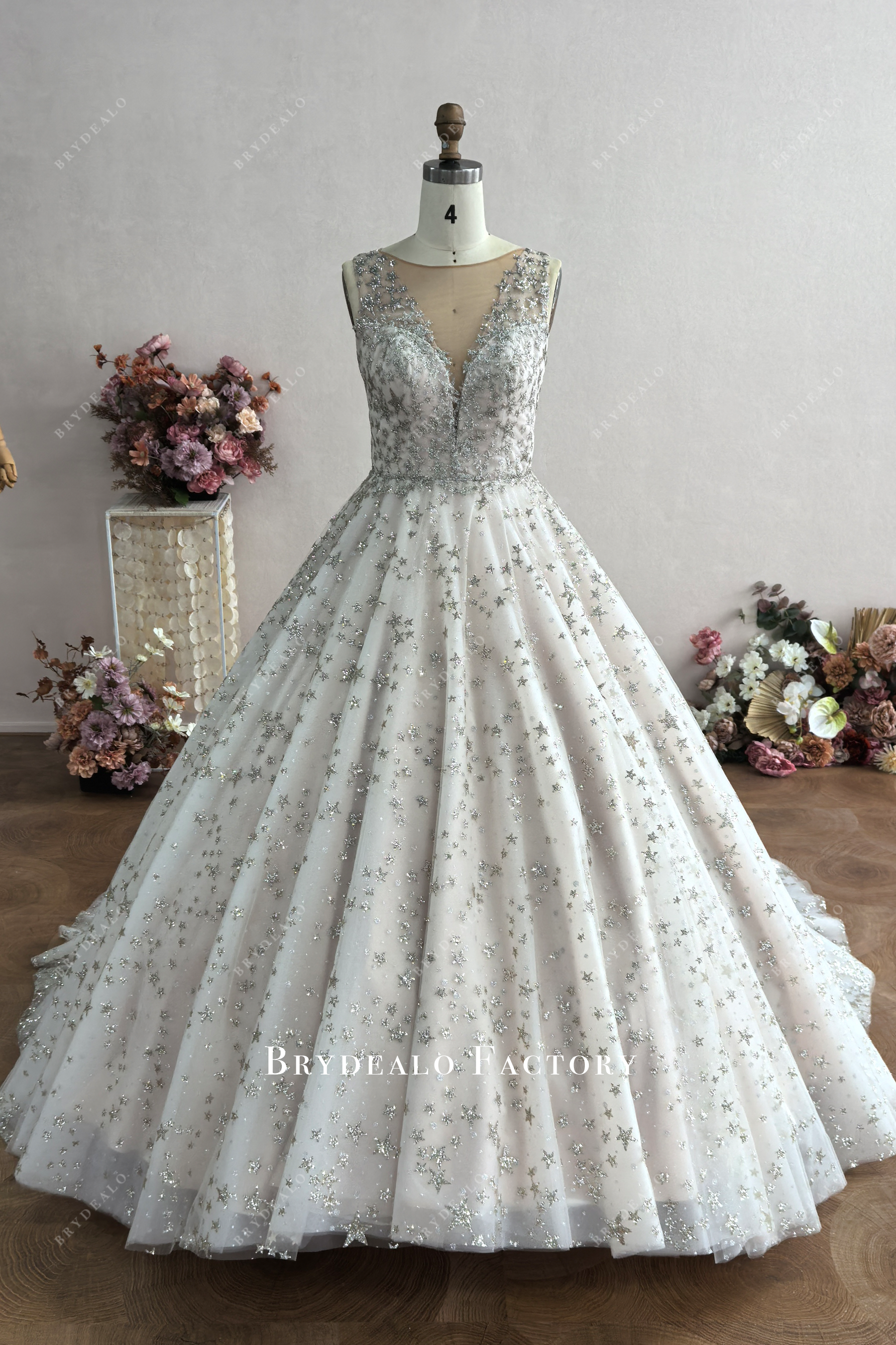 Custom Glitter Plunging Neck Nude Wedding Dress