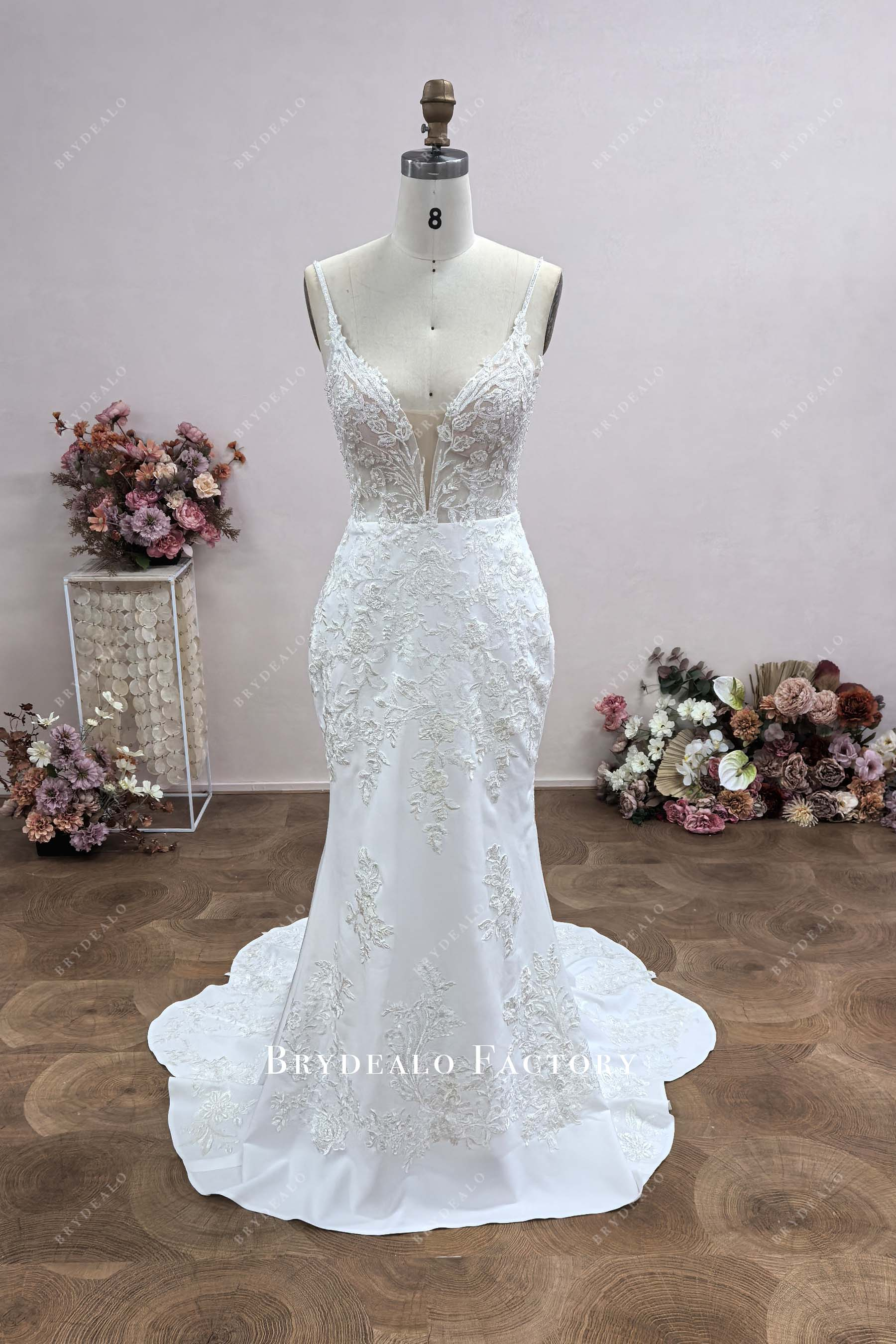 crepe mermaid wedding dress Custom Lace Two-toned Black and Walnut Chapel Train Slit HOLIDAY GIFTS Size:III