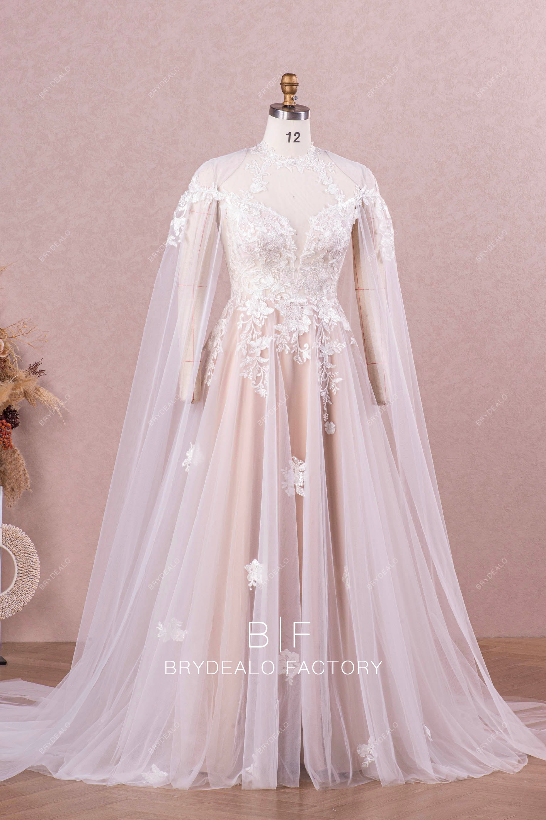custom lace tulle cape wedding dress