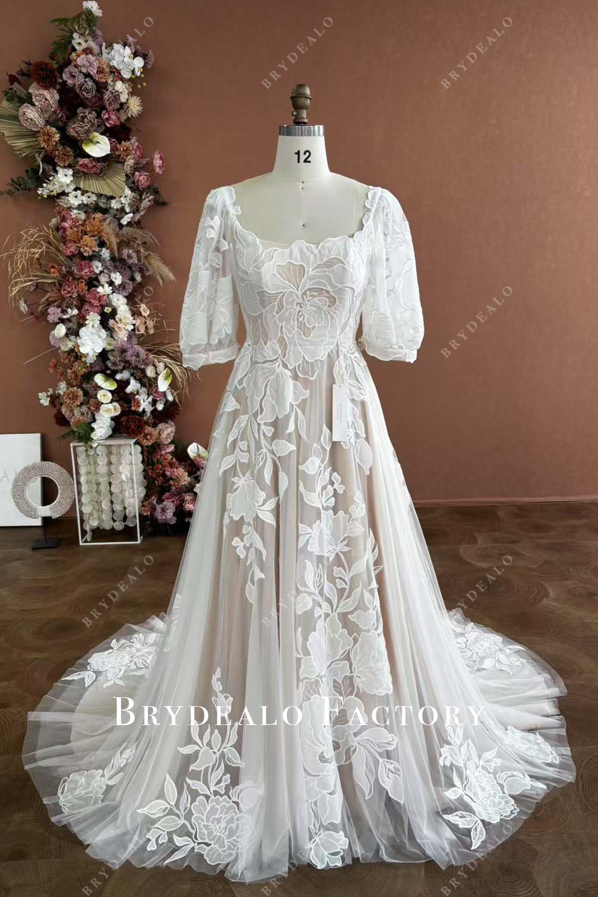 custom nude beige bridal dress