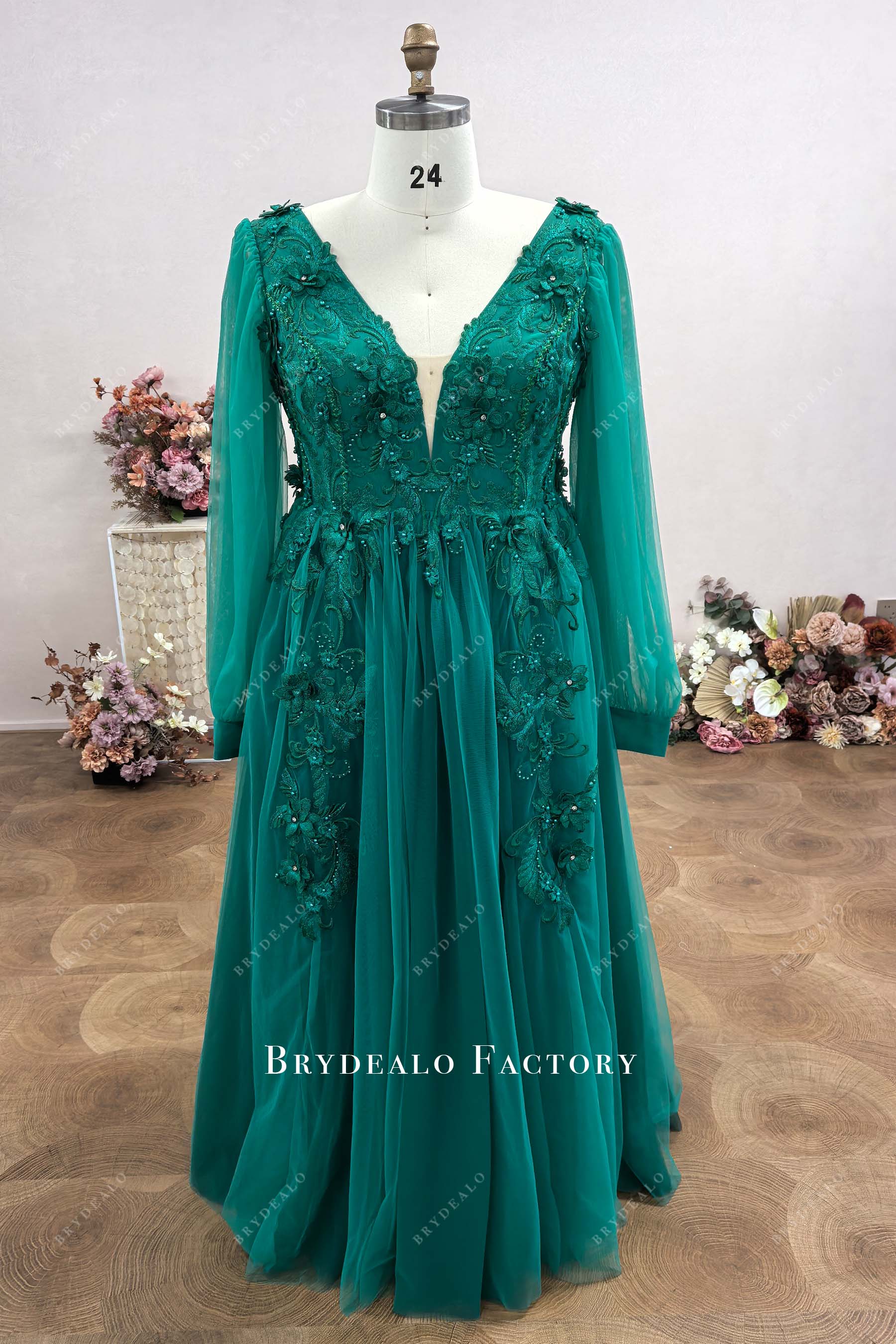 Custom V-neck Green Lace Tulle A-line Wedding Dress
