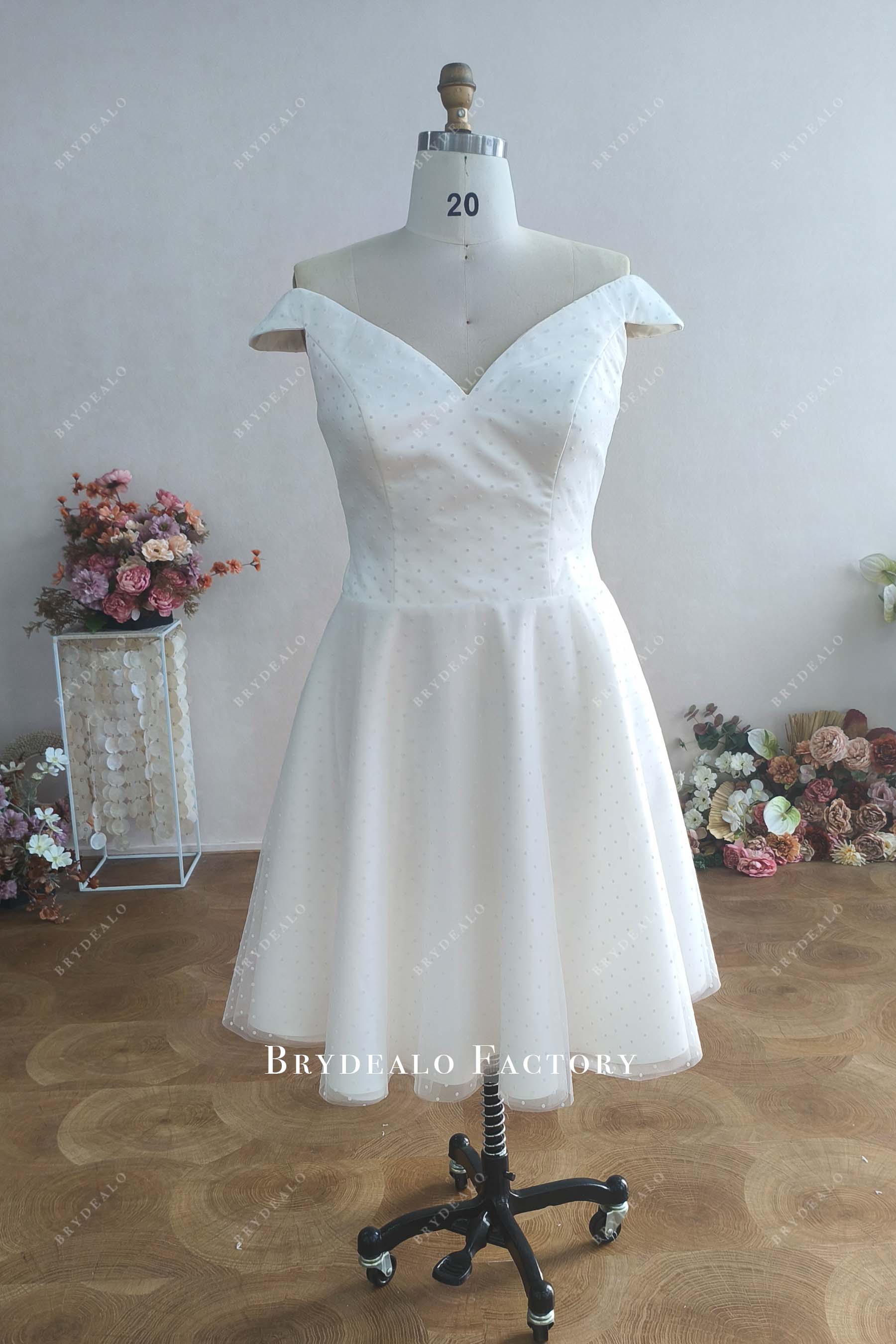 Custom Dot Tulle Off Shoulder Wedding Dress Floor Length Overskirt