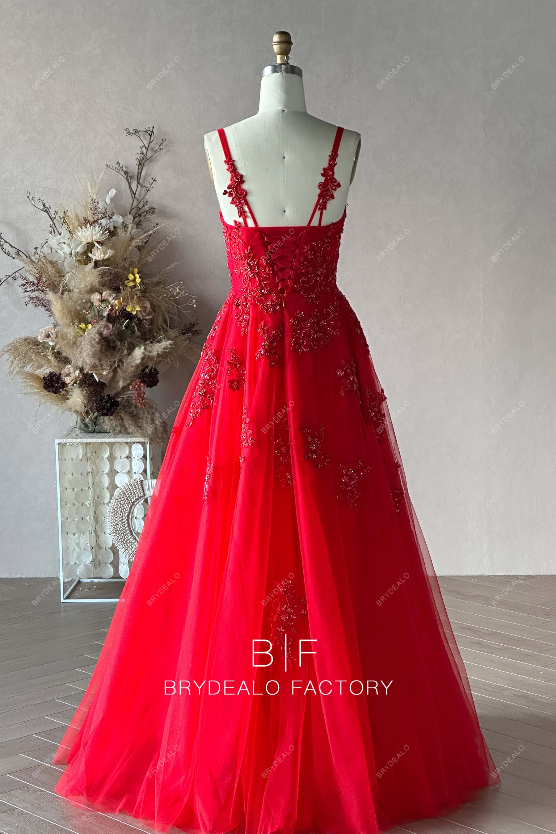 Private Label Red Beaded Lace Floor Length A-line Dress