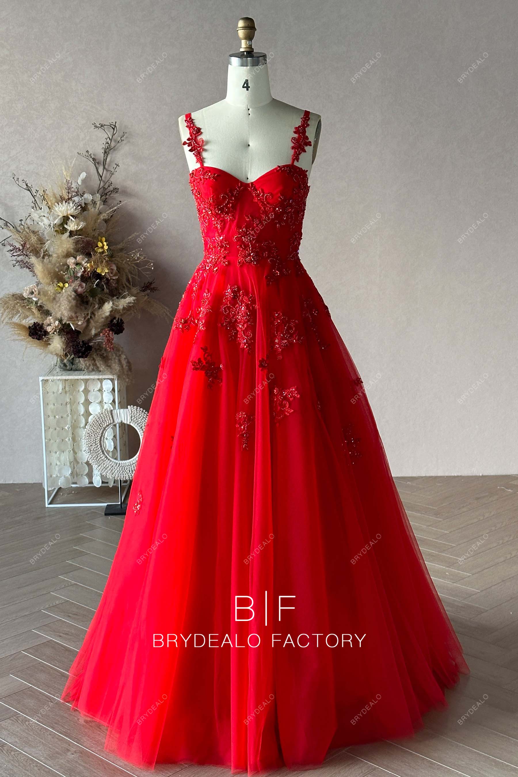 Private Label Red Beaded Lace Floor Length A-line Dress
