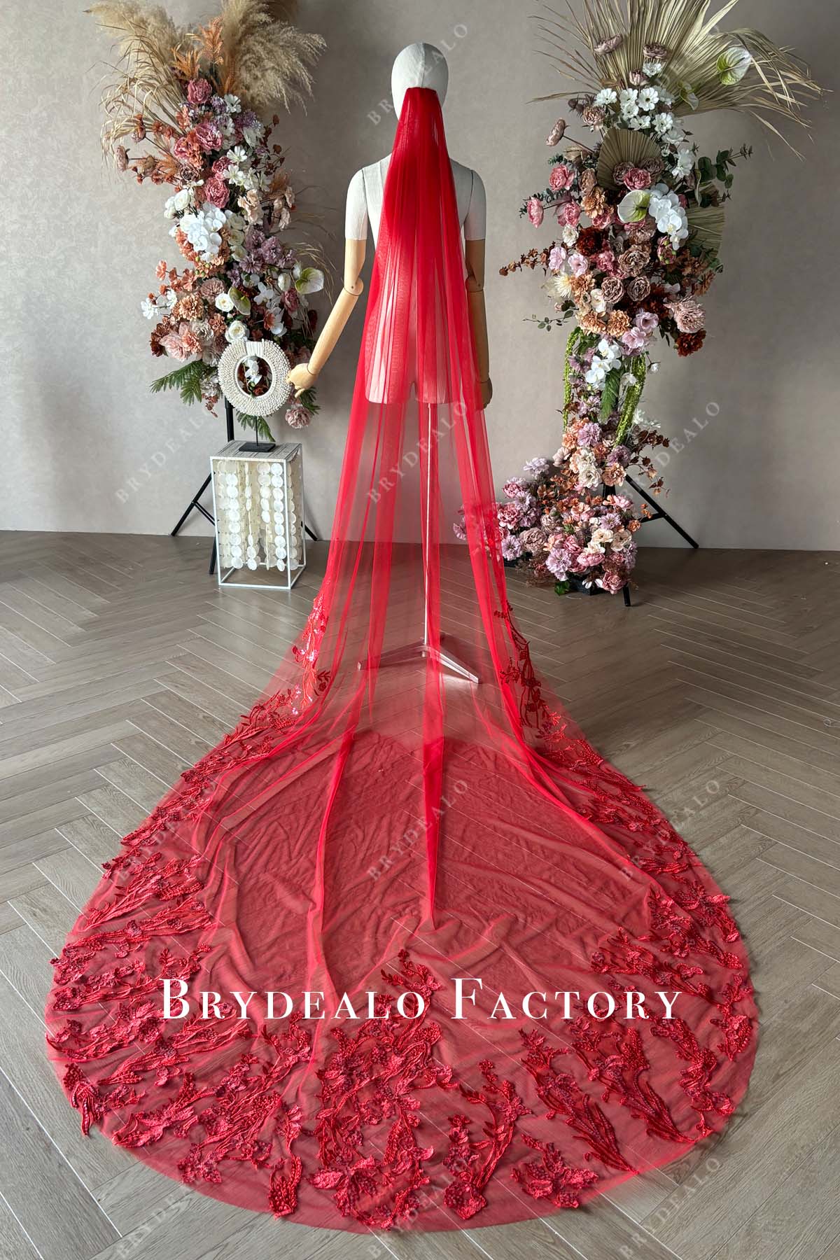 Private Label Red Lace Tulle Wedding Veil