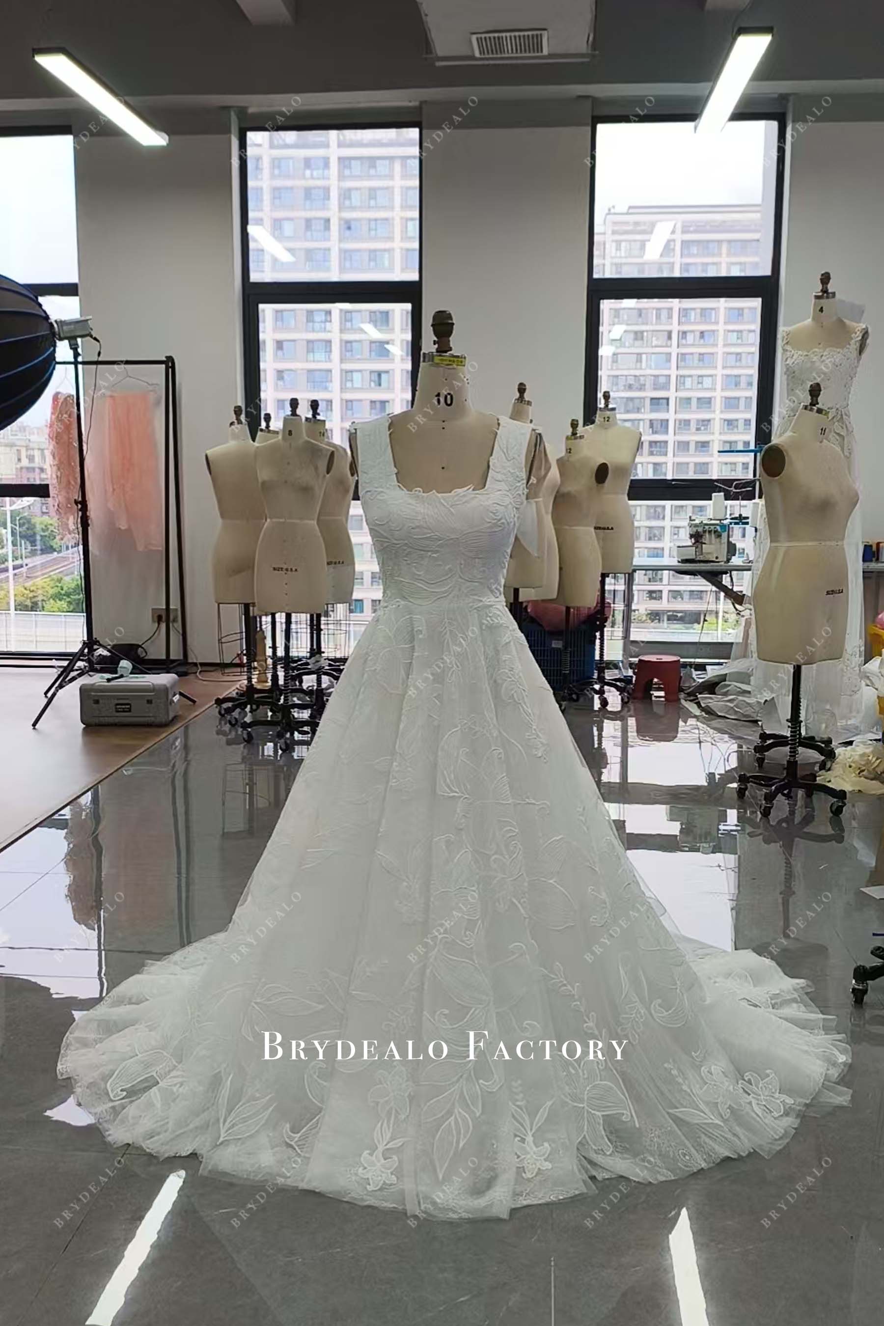 Custom Square Neck Lace Sleeveless A-line Wedding Dress