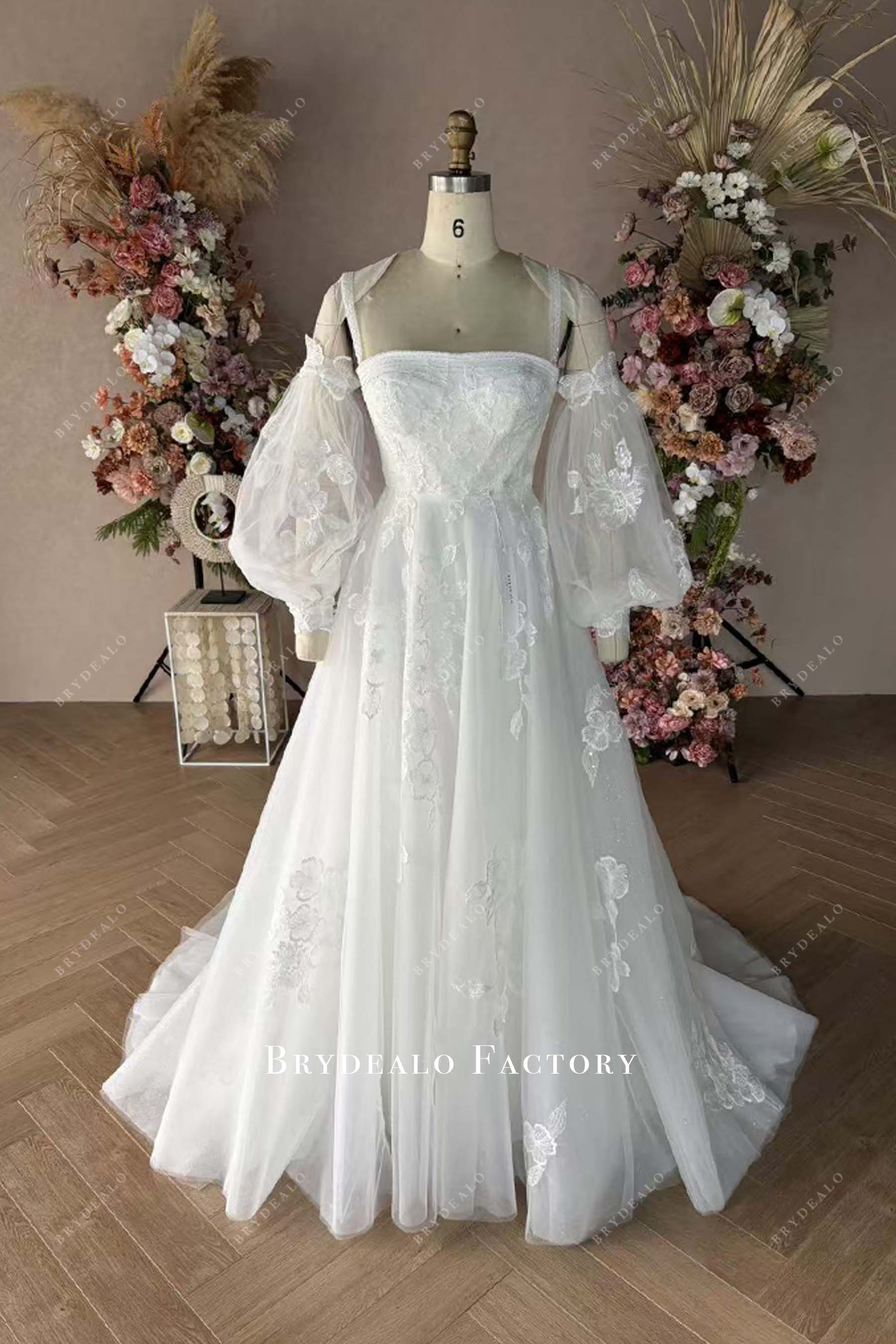 custom straight across neck wedding dress