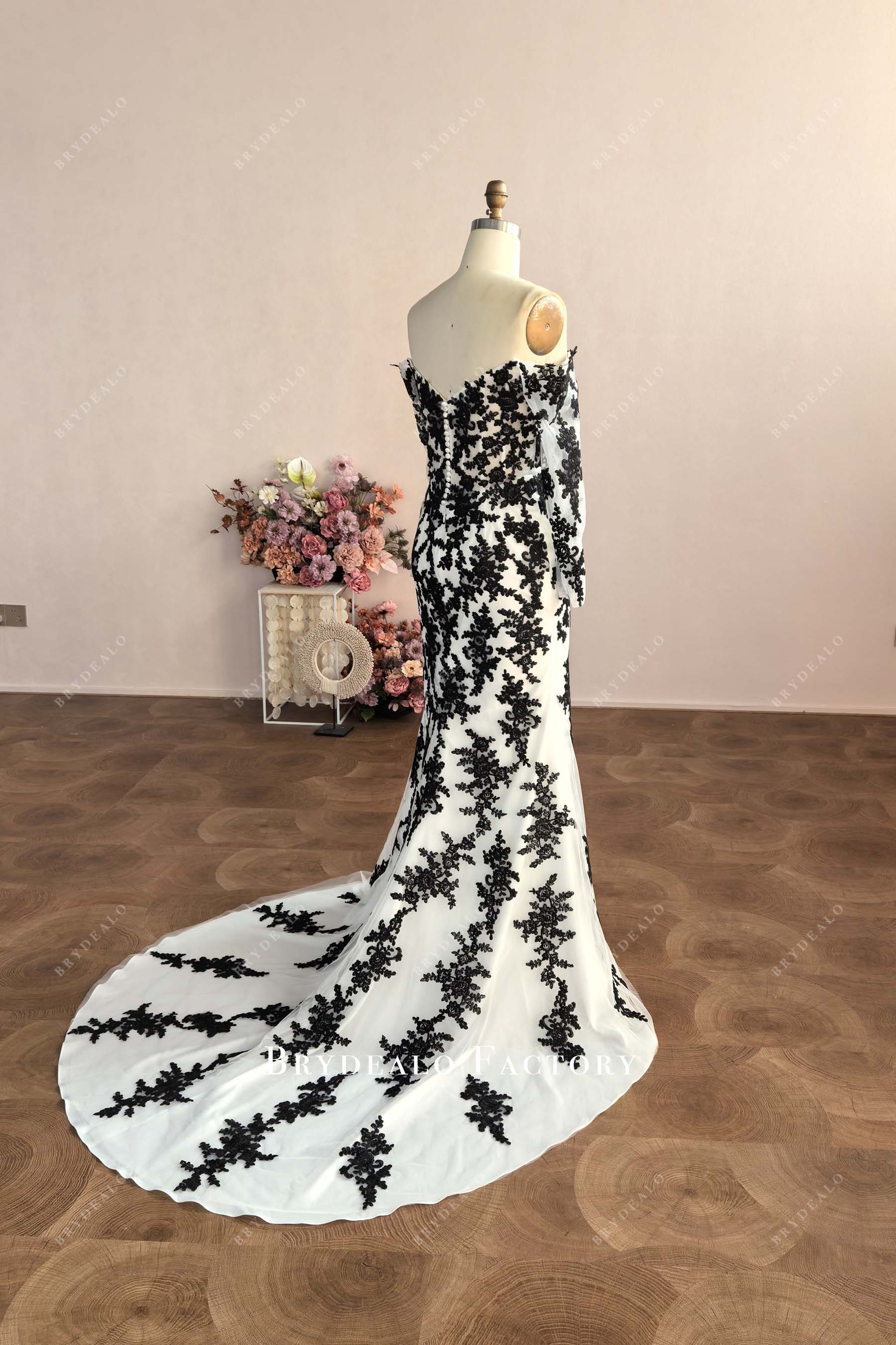 custom colored off shoulder wedding dress court train