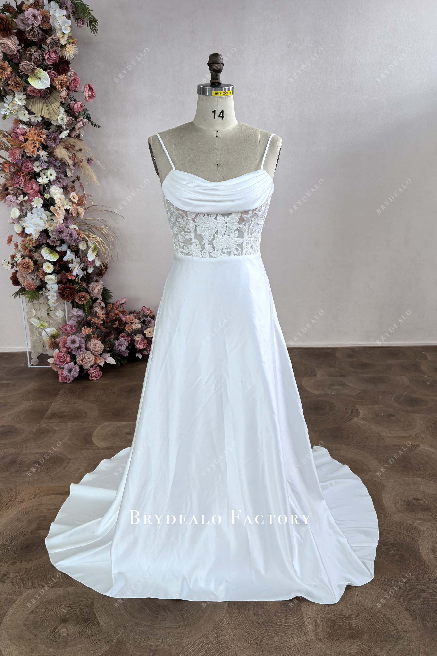 custom cold-shoulder-satin-lace-wedding dress