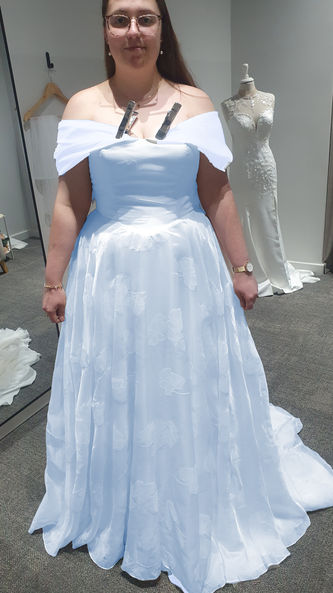 Custom Off Shoulder Sky Blue Wedding Dress.