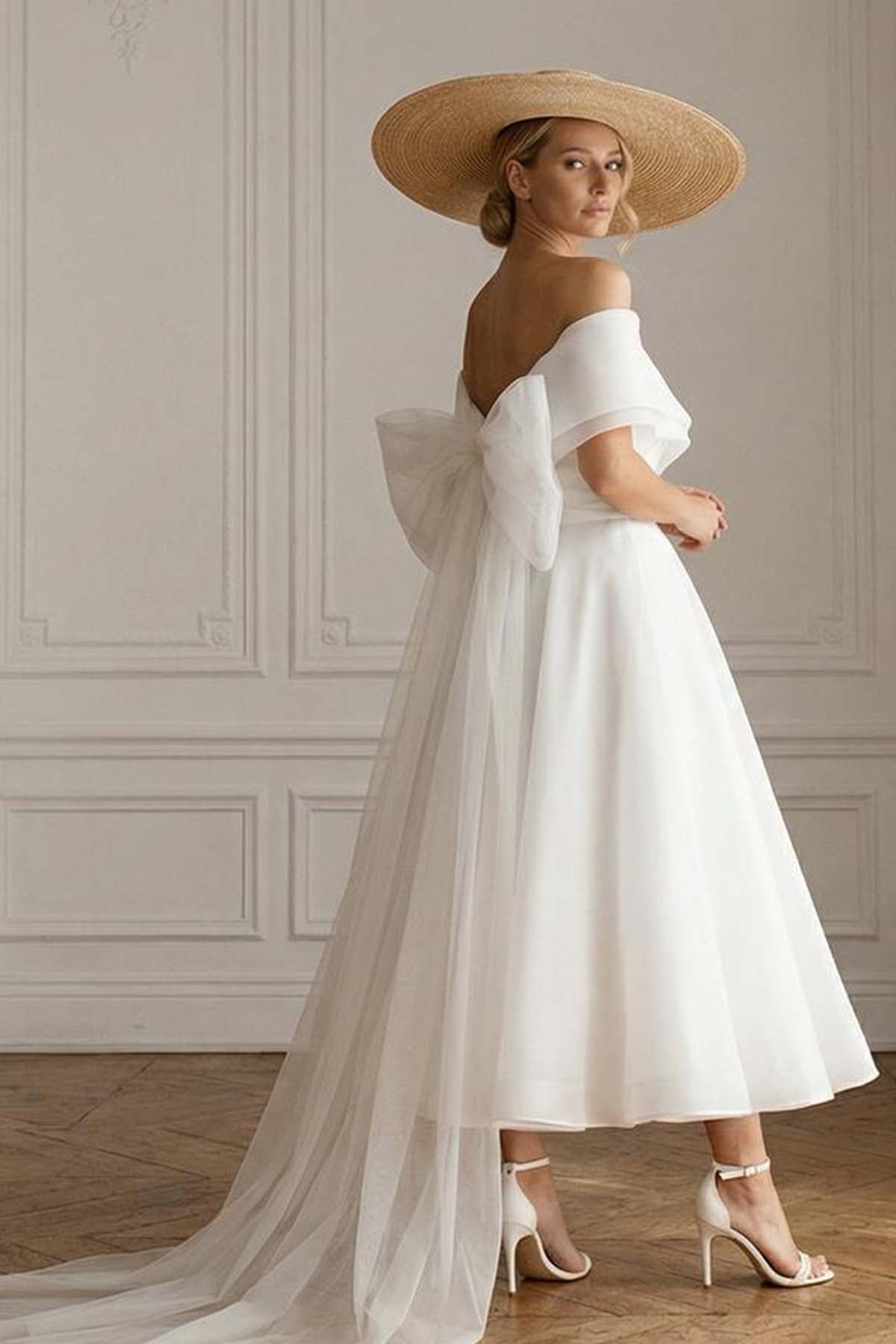 Custom Off Shoulder Wedding Dress with Big Bowknot