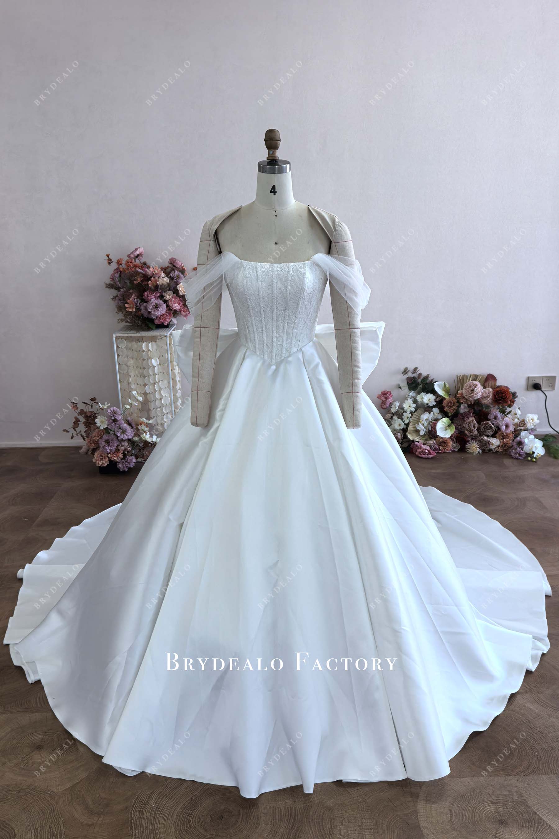 Custom Tulle Off Shoulder Lace Ball Gown Wedding Dress