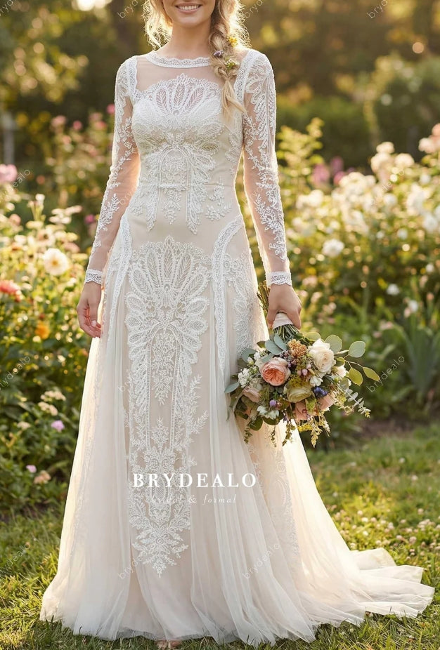 Custom Sheer Long Sleeves Lace Wedding Dress
