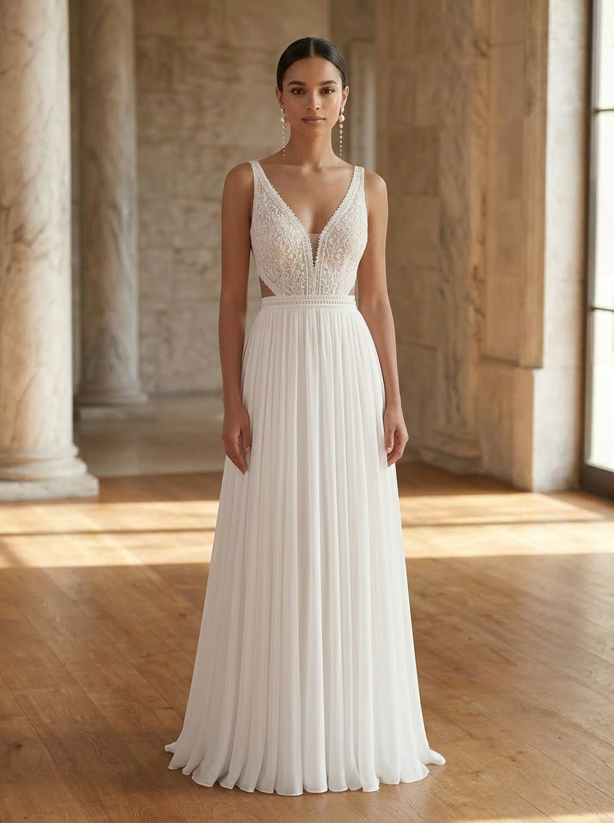 Custom Plunging Neck Cutout Lace A-line Chiffon Wedding Dress
