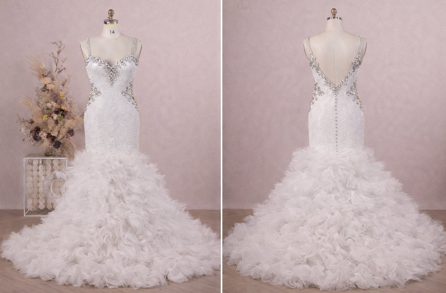 Custom Rhinestones Ruffled Trumpet Wedding Dress