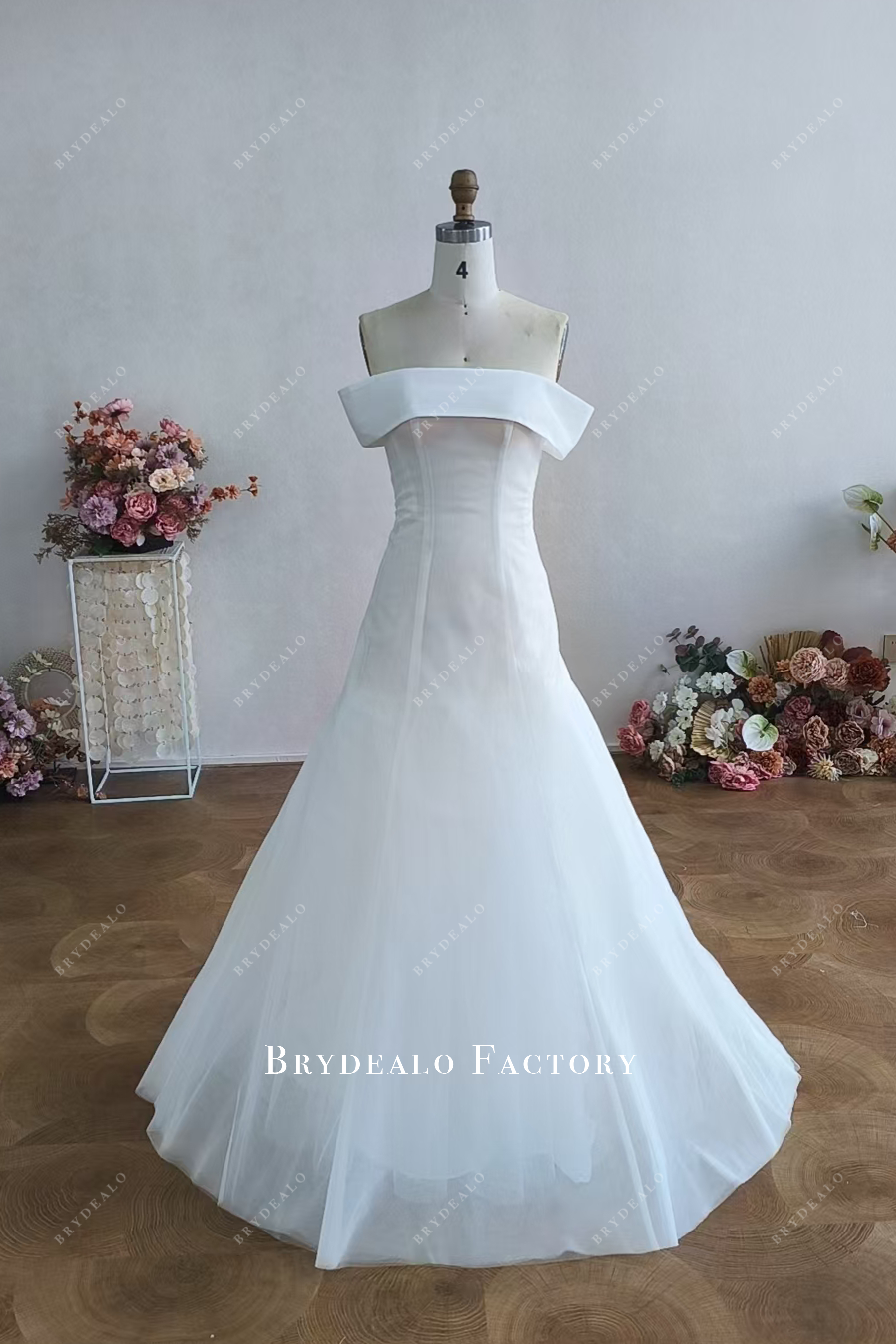 custom tulle off shoulder wedding dress