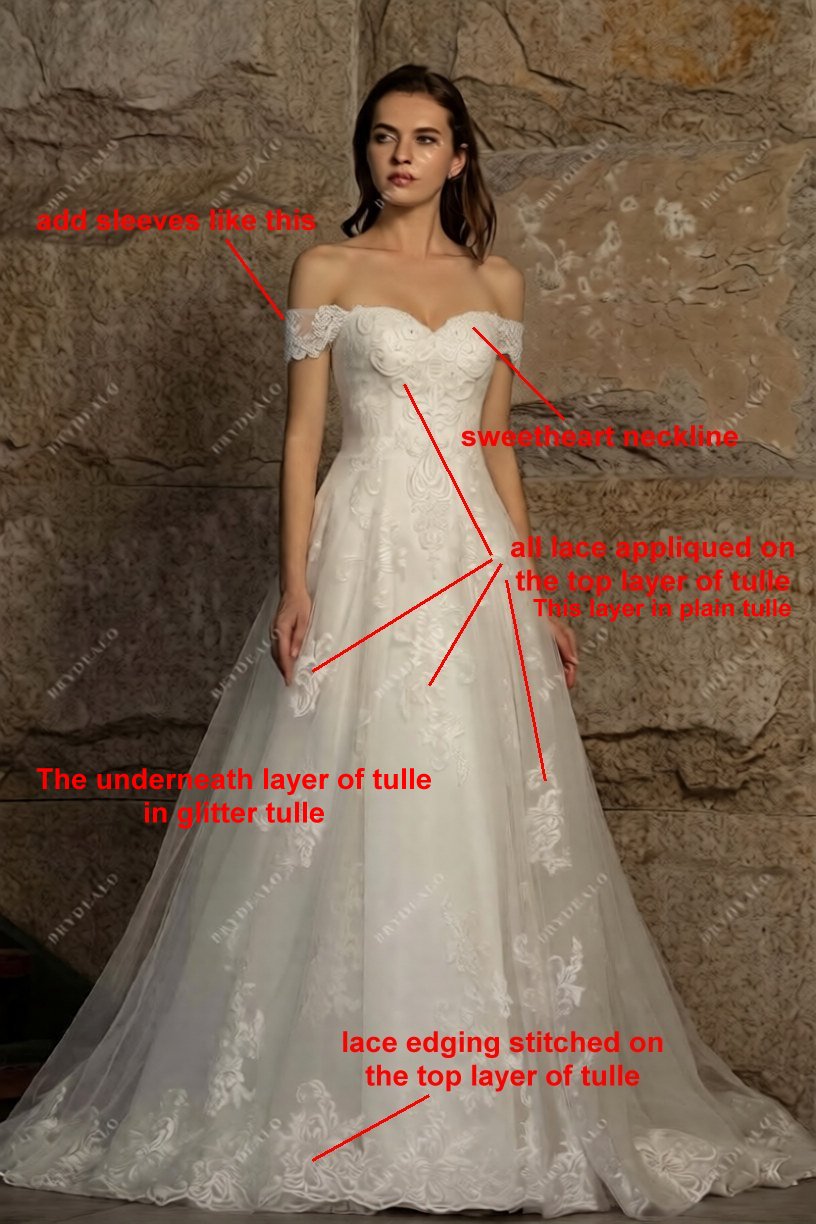 Custom Off Shoulder Lace Glitter Wedding Dress