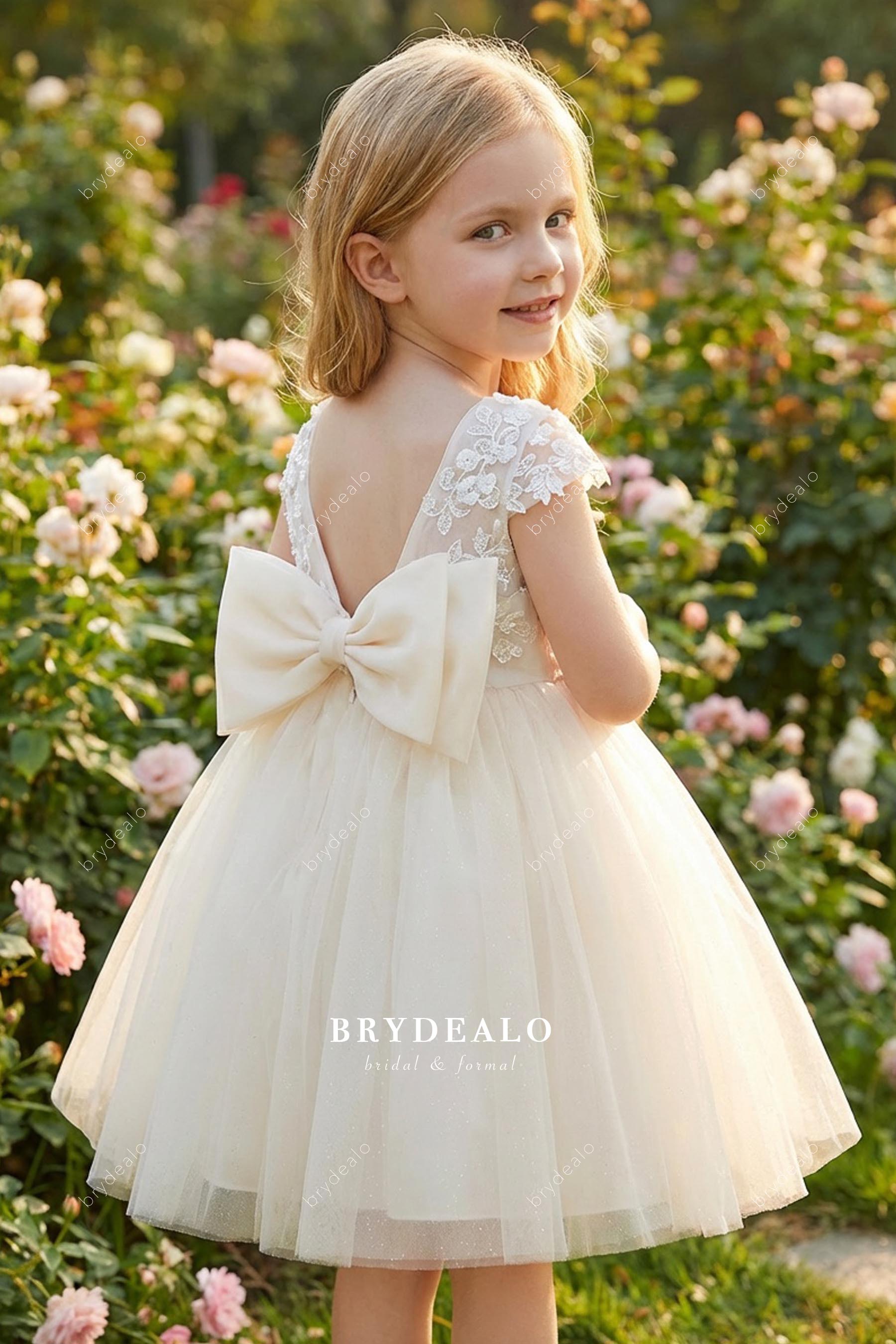 cute ivory back bow flower girl dress
