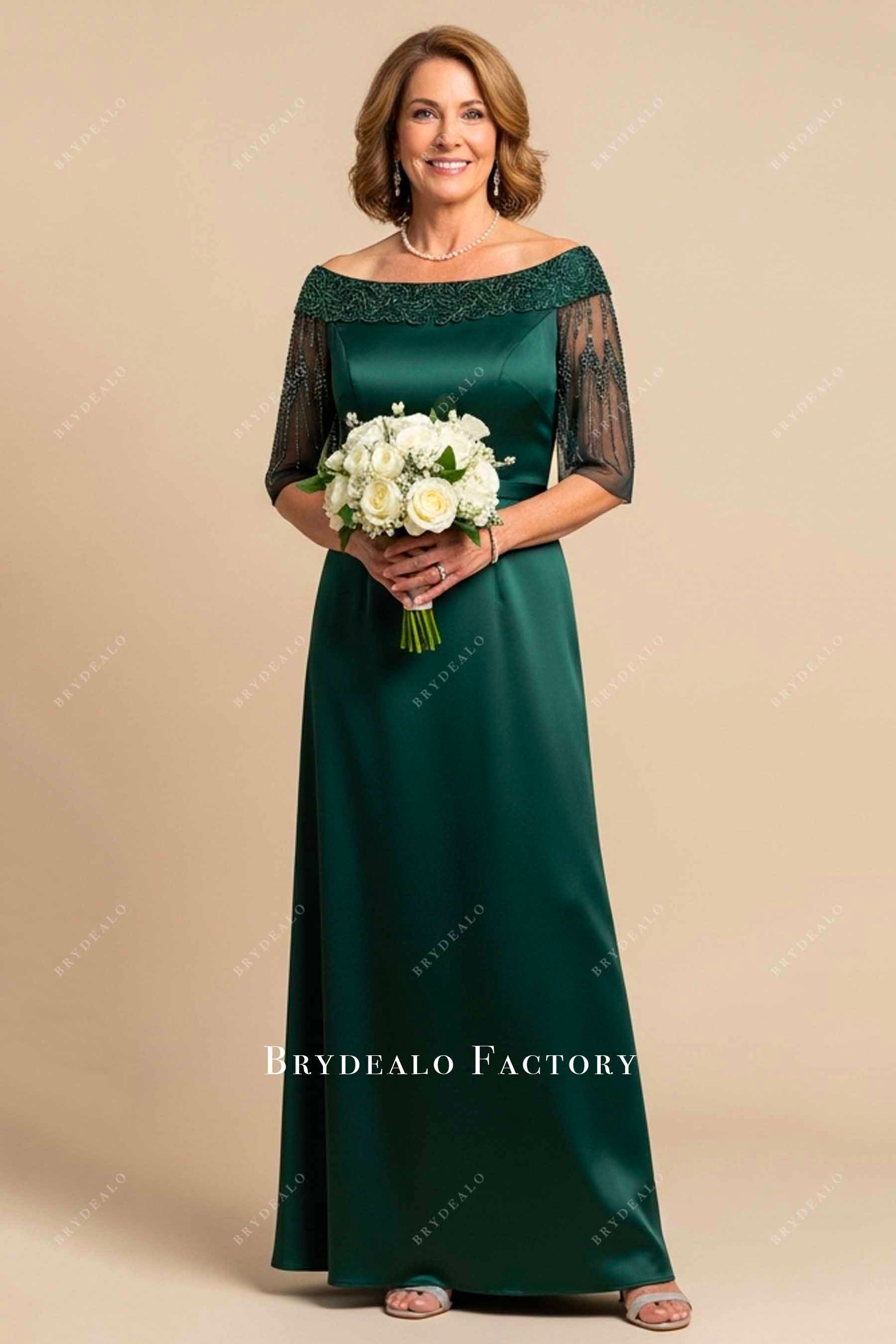 Beaded Off Shoulder Half Sleeve Satin Mother of Bride Dress Beaded Off Shoulder Half Sleeve Satin Mother of Bride Dress