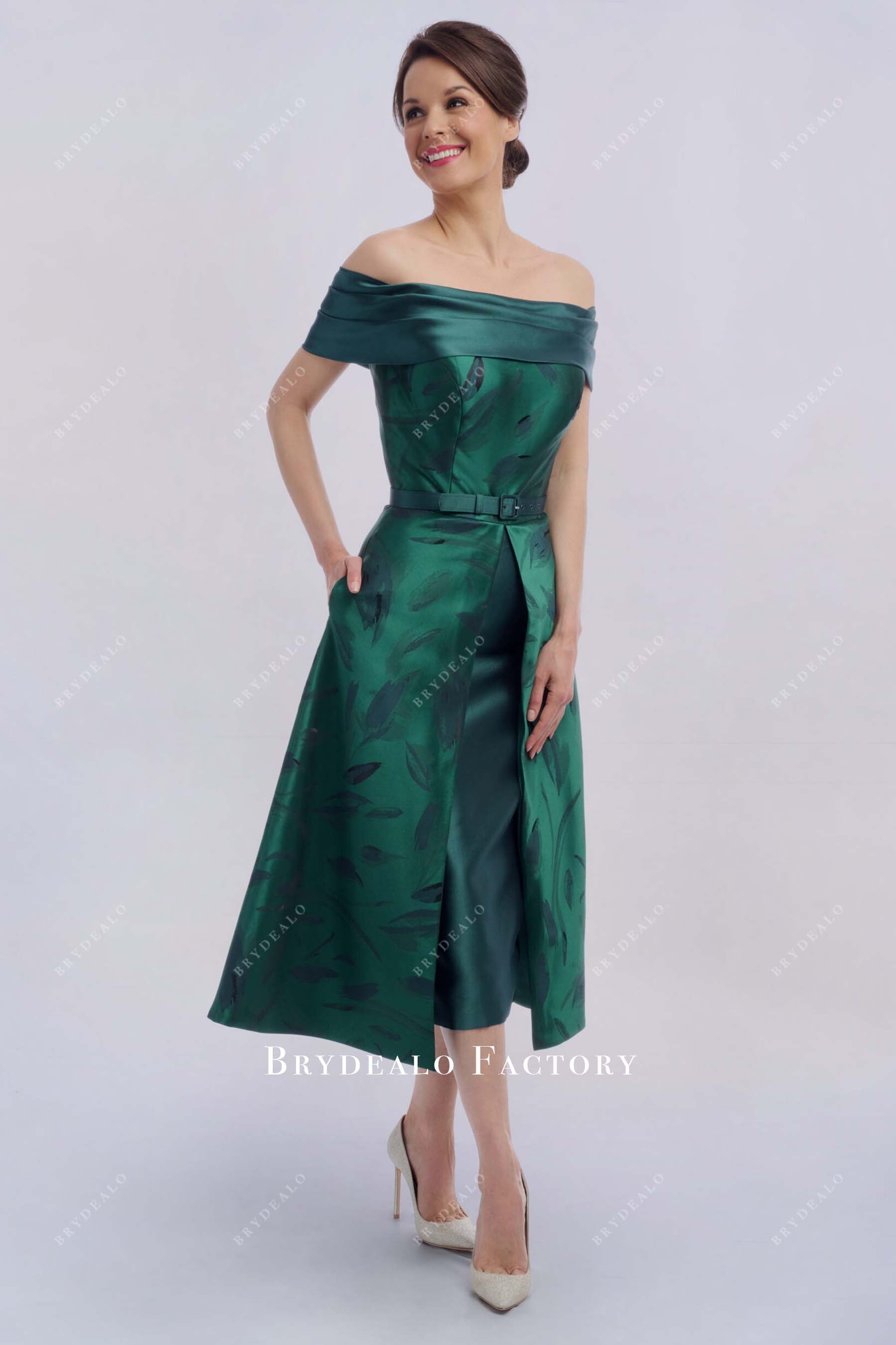 Dark Green Print Off Shoulder Tea Length Mother of Bride Dress