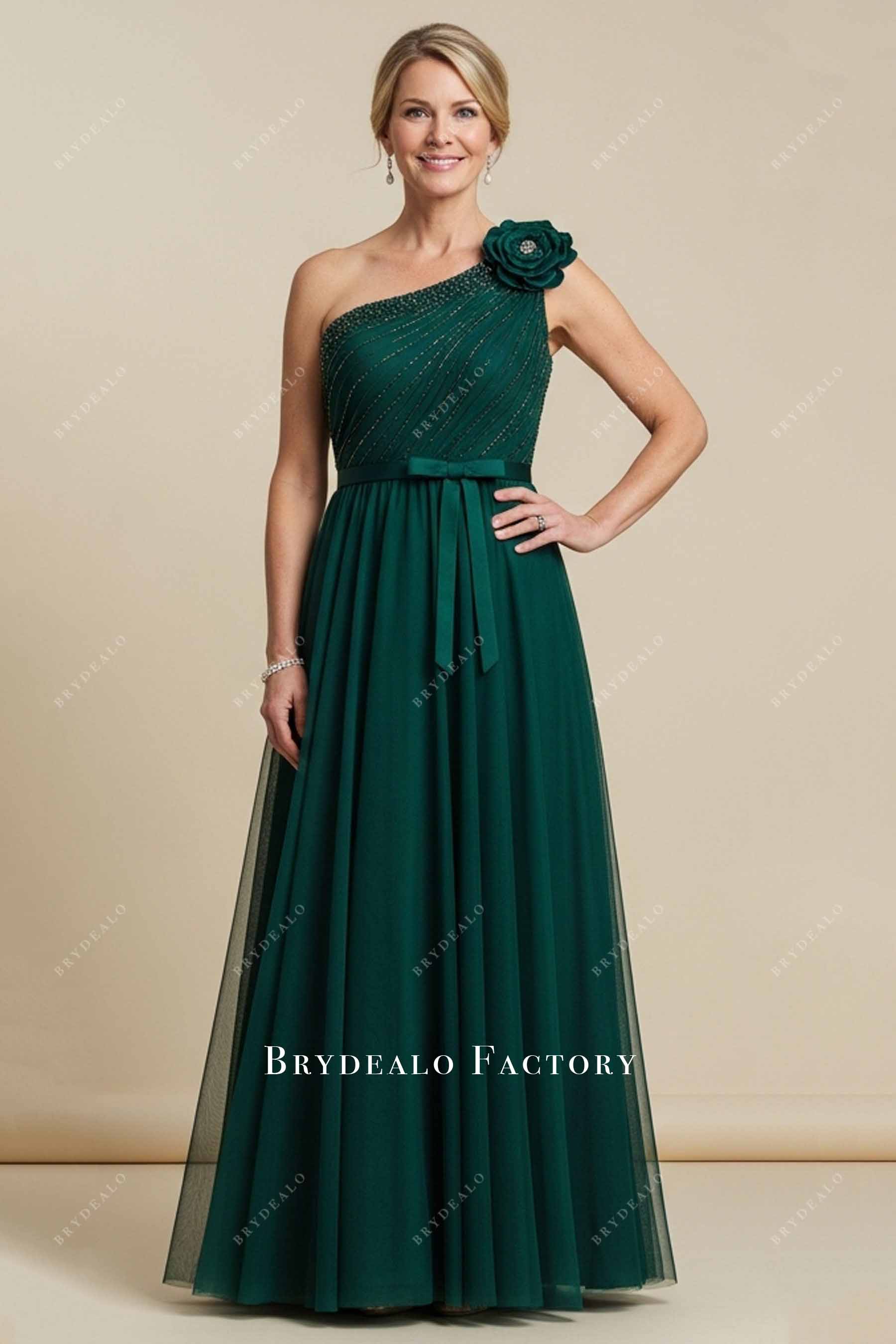 dark green one-shoulder beaded tulle mother of bride dress
