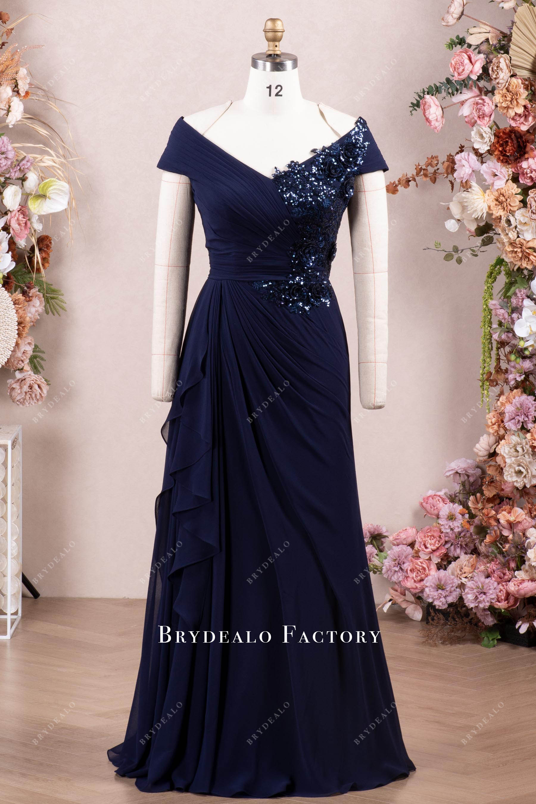 dark navy off-shoulder chiffon mother of bride dress