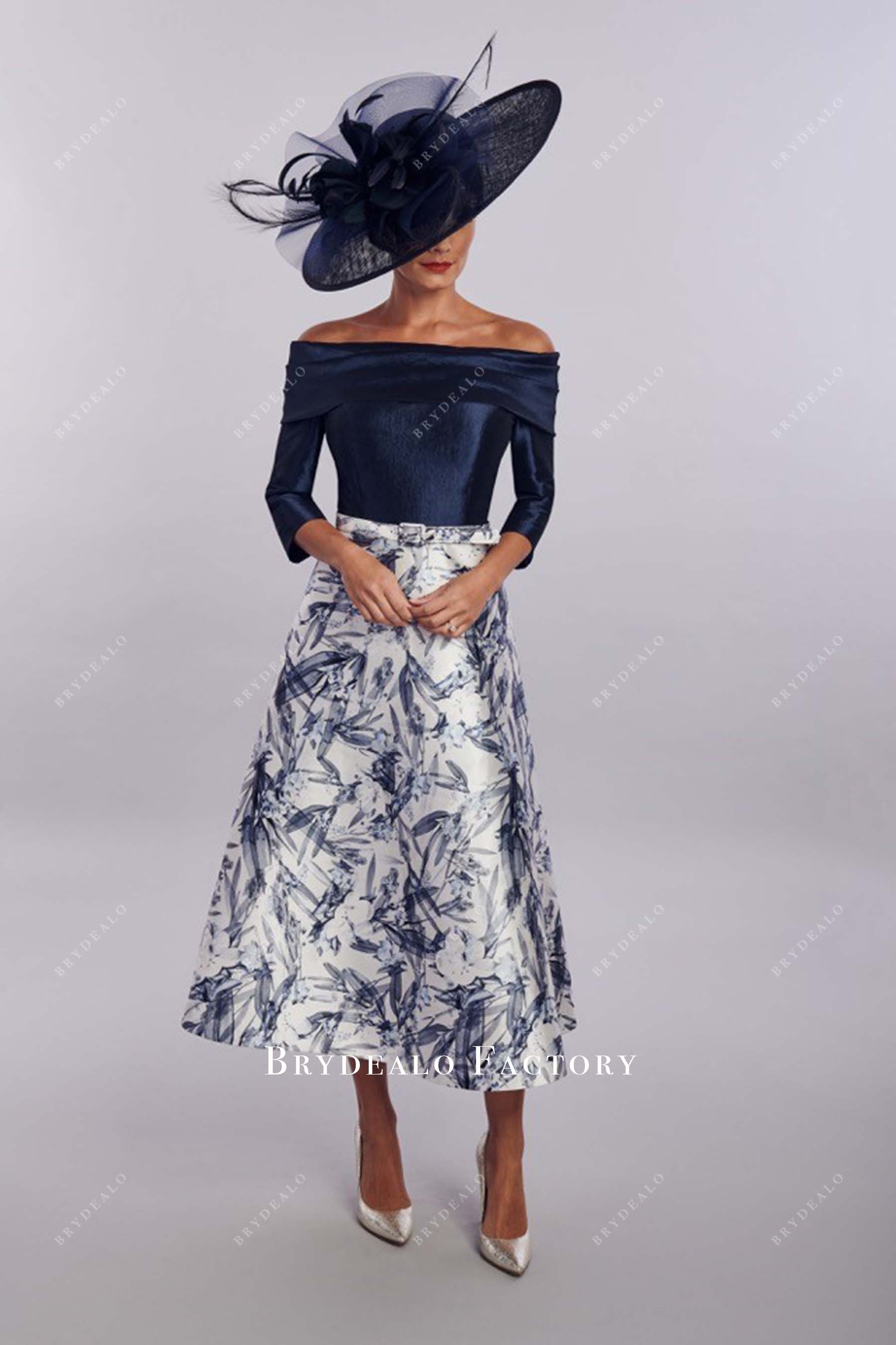 Dark Navy Off-Shoulder A-Line Tea-Length Mother of Bride Dress