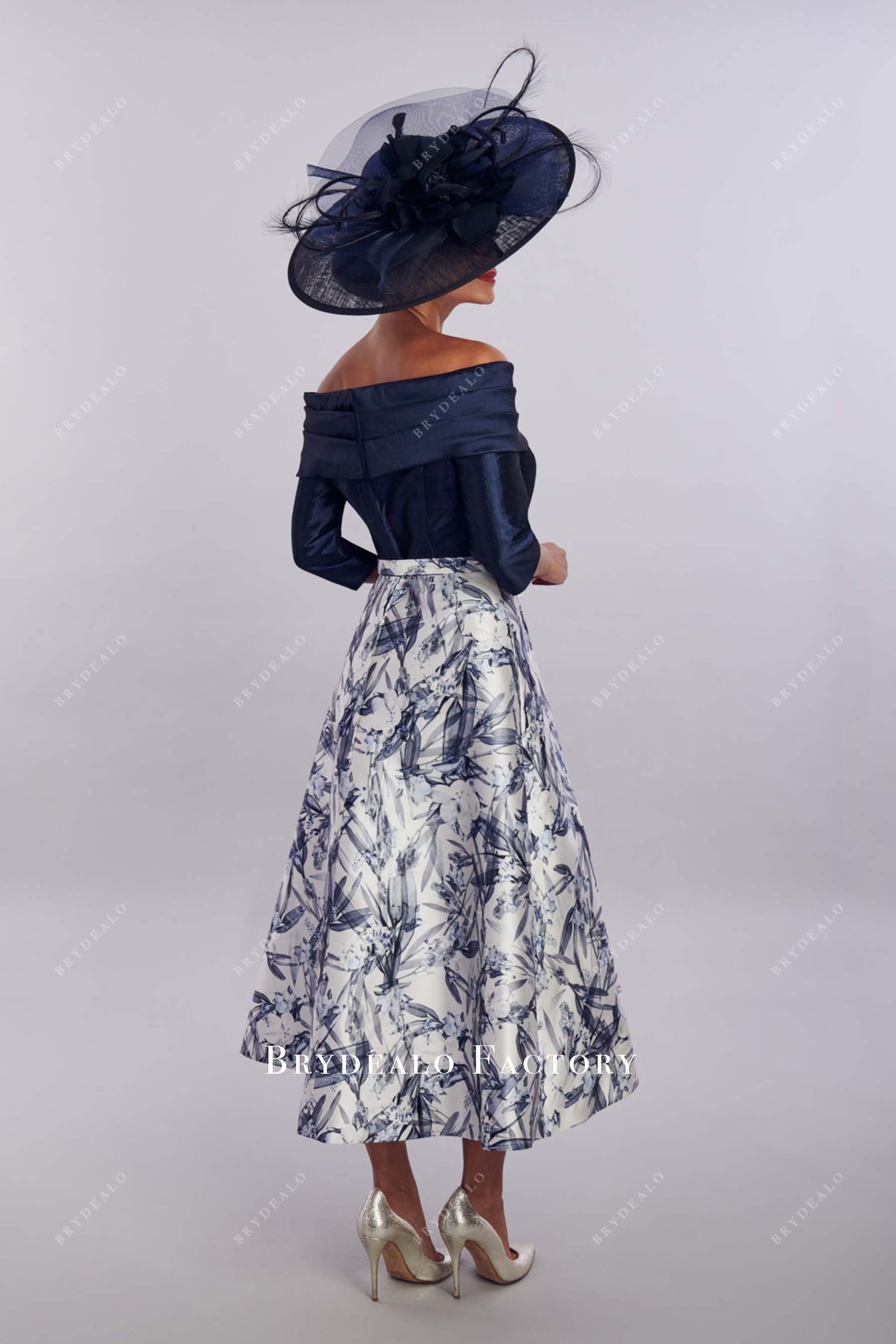 dark navy print a line mother of bride dress