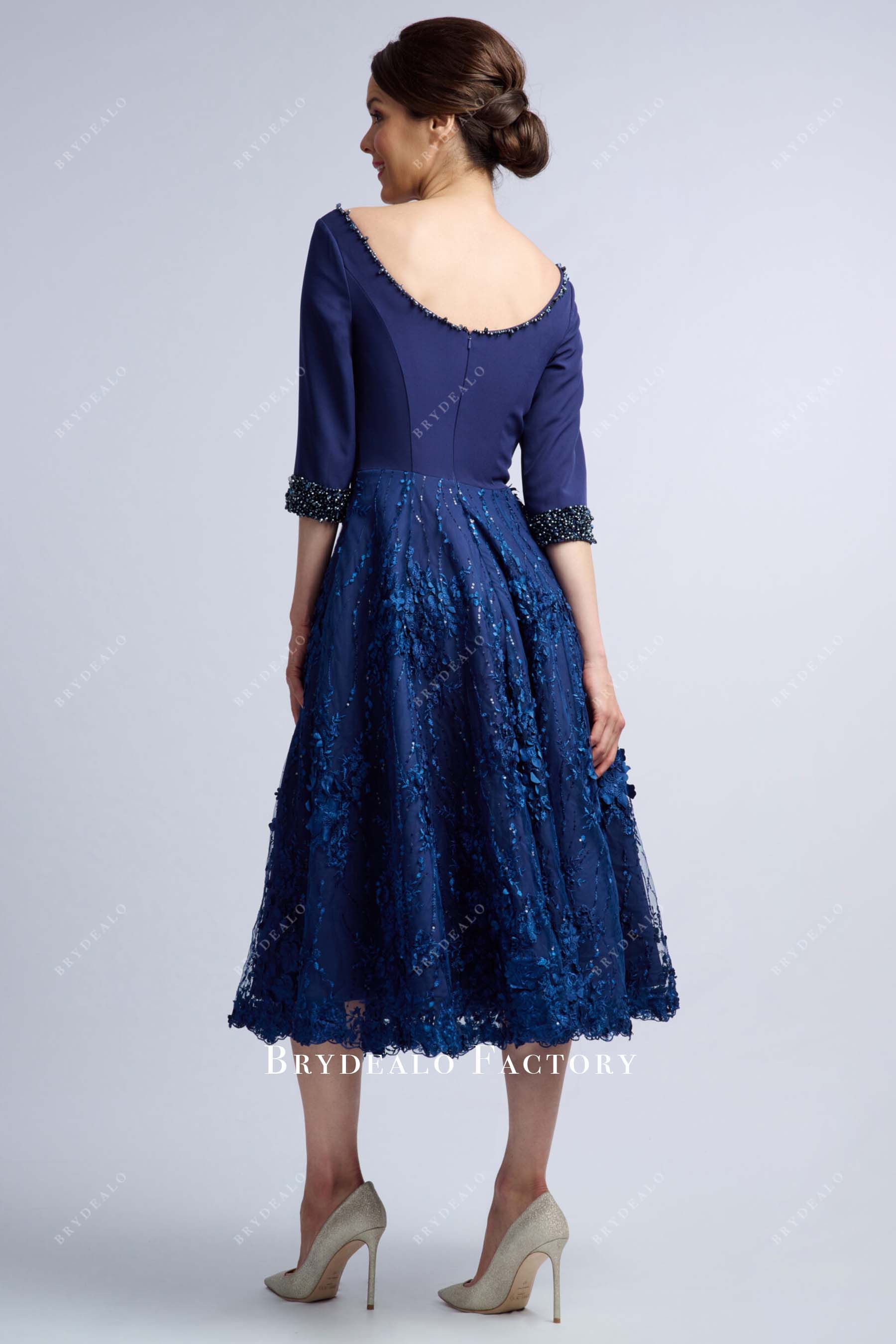 dark navy tea length mother of bride dress