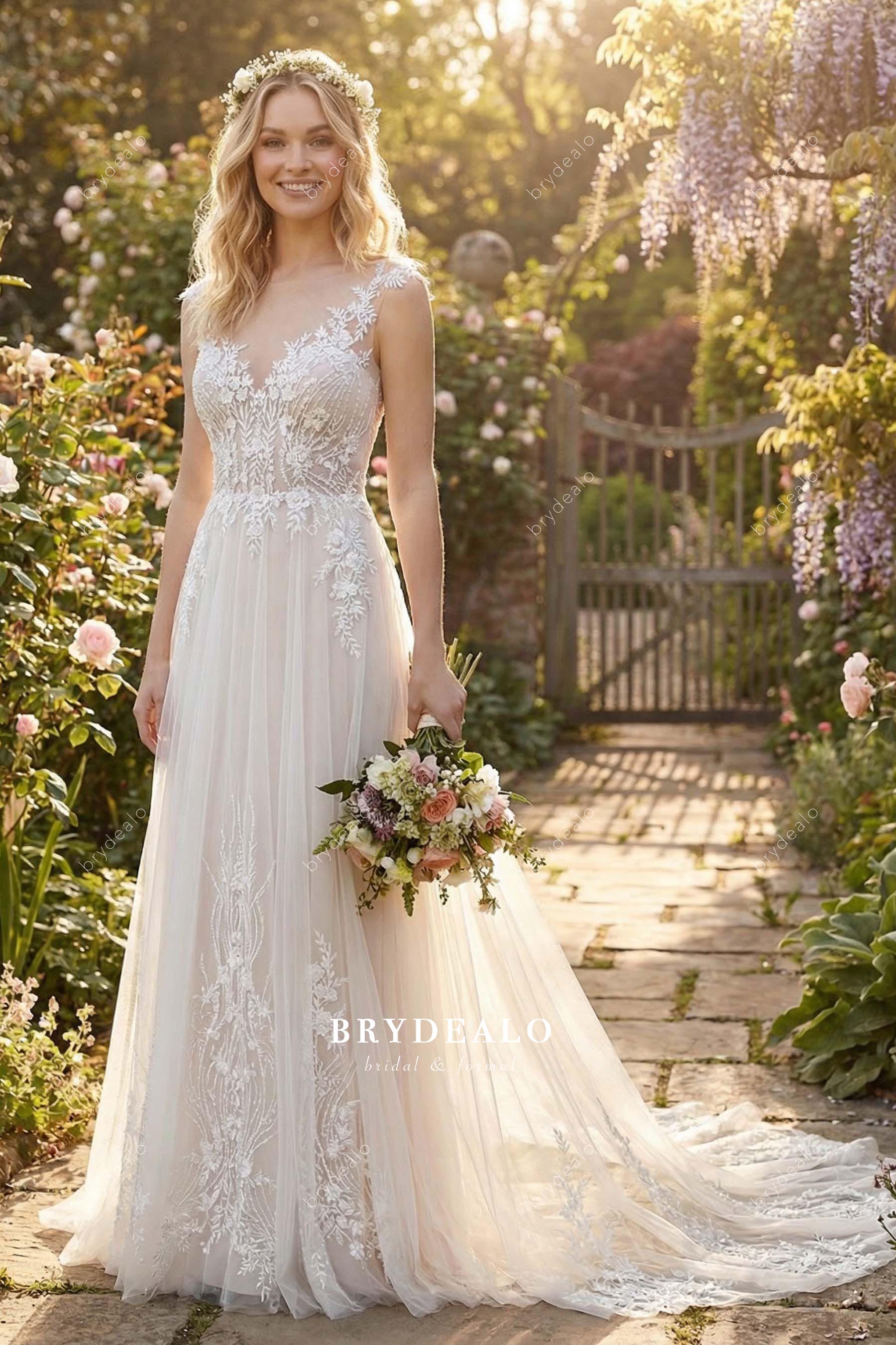 Fairytale Lace Applique Plunging Neck A-Line Wedding Dress Nude Pink