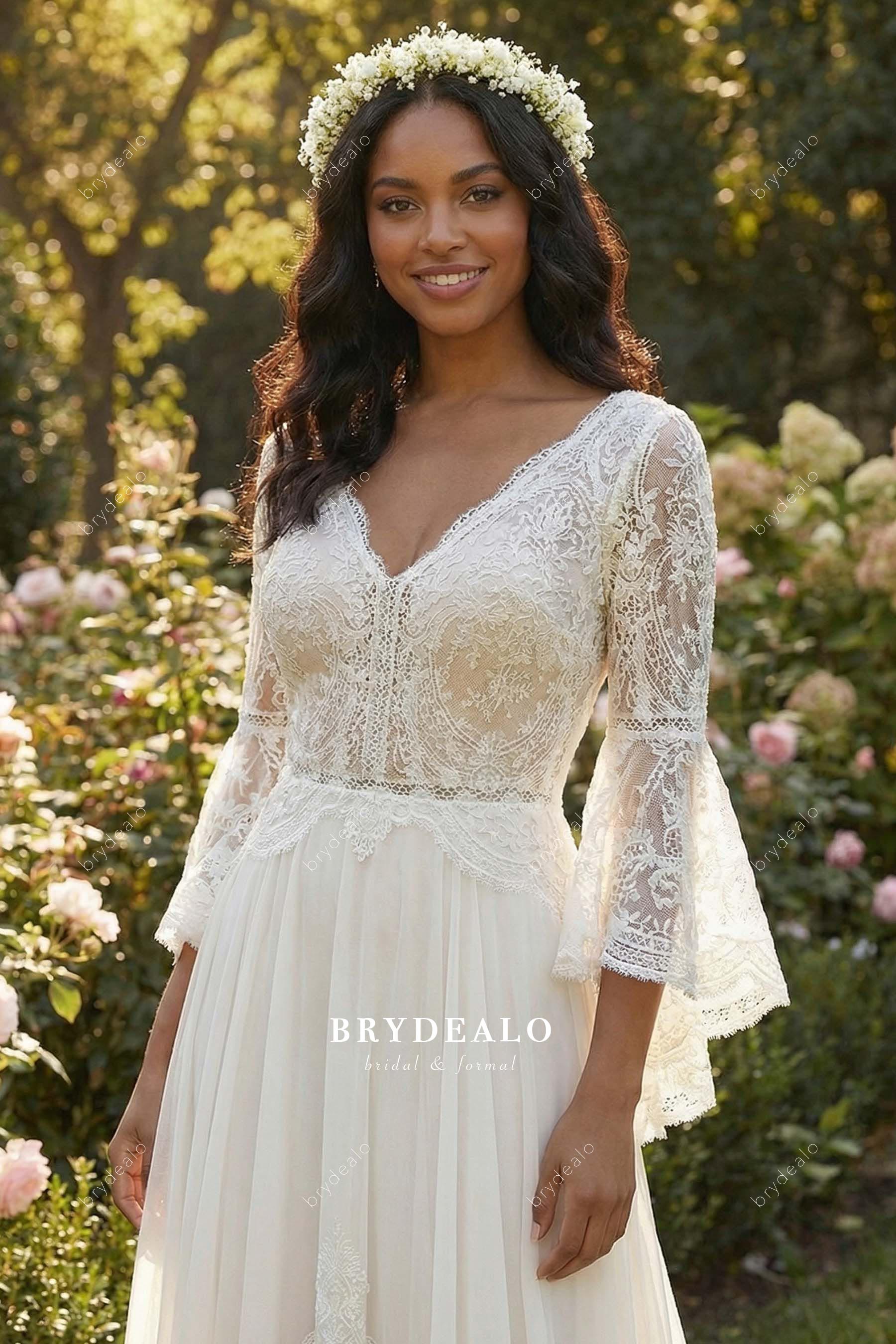 delicate lace bell sleeves bridal dress