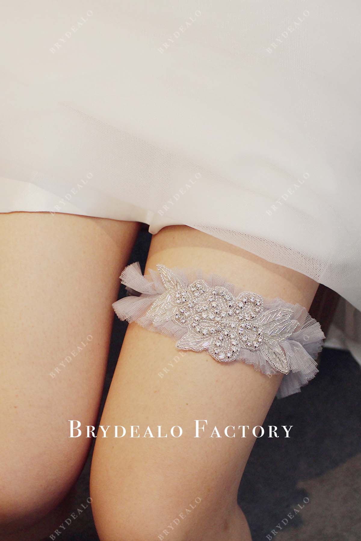 ruffle garter belt Grey Ruffled Tulle Silver Beading Wedding Garter