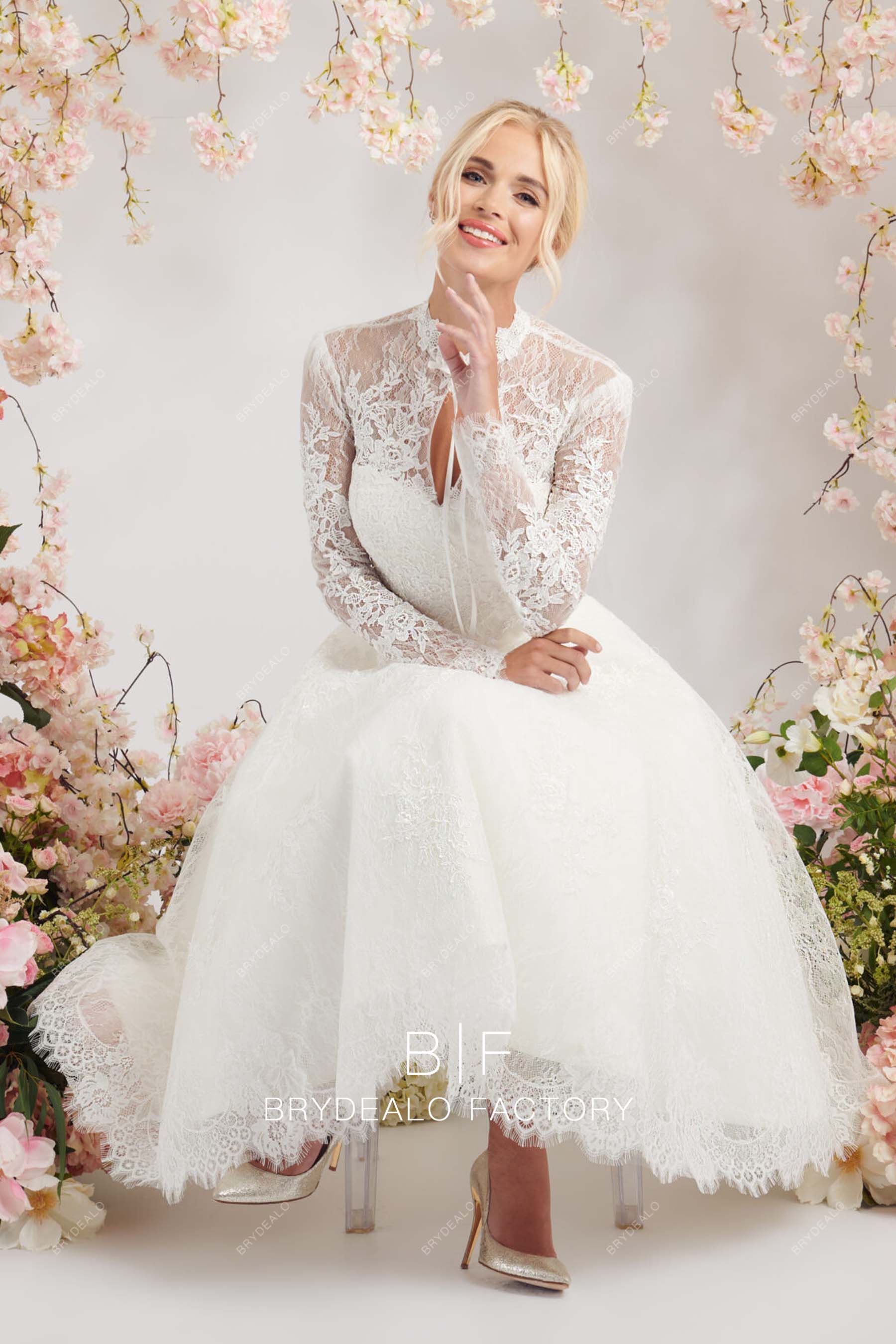 designer lace A-line long sleeves wedding dress