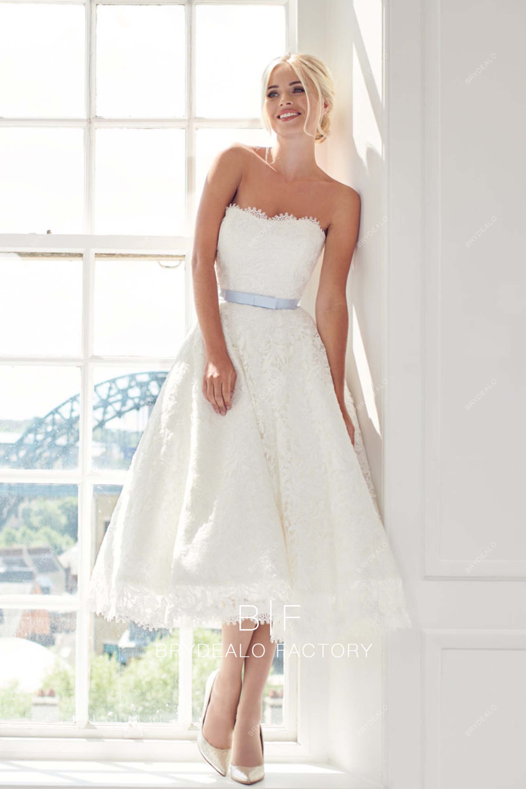 designer lace tea length bridal dress