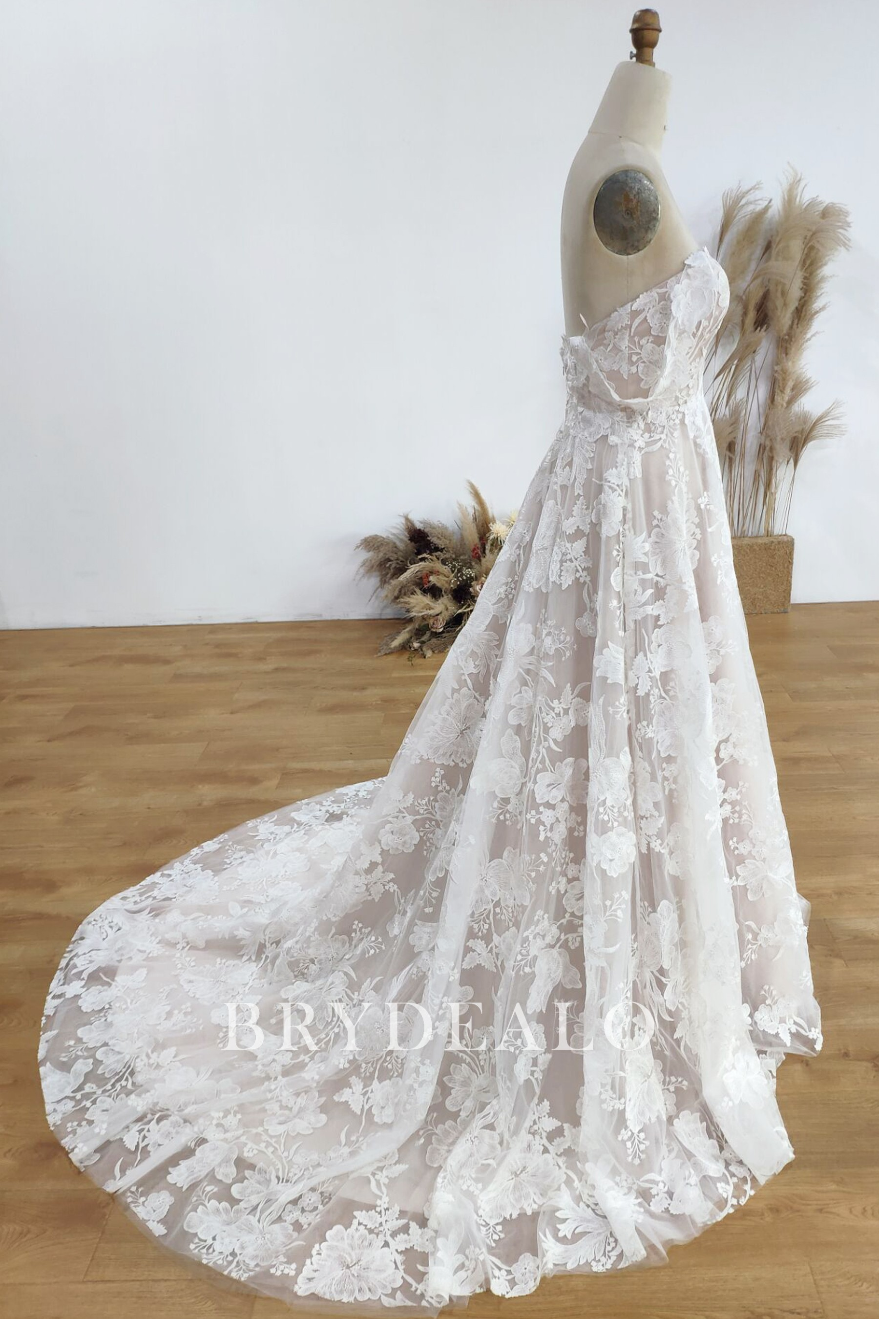 designer lace off shoulder A-line bridal gown 2011077686