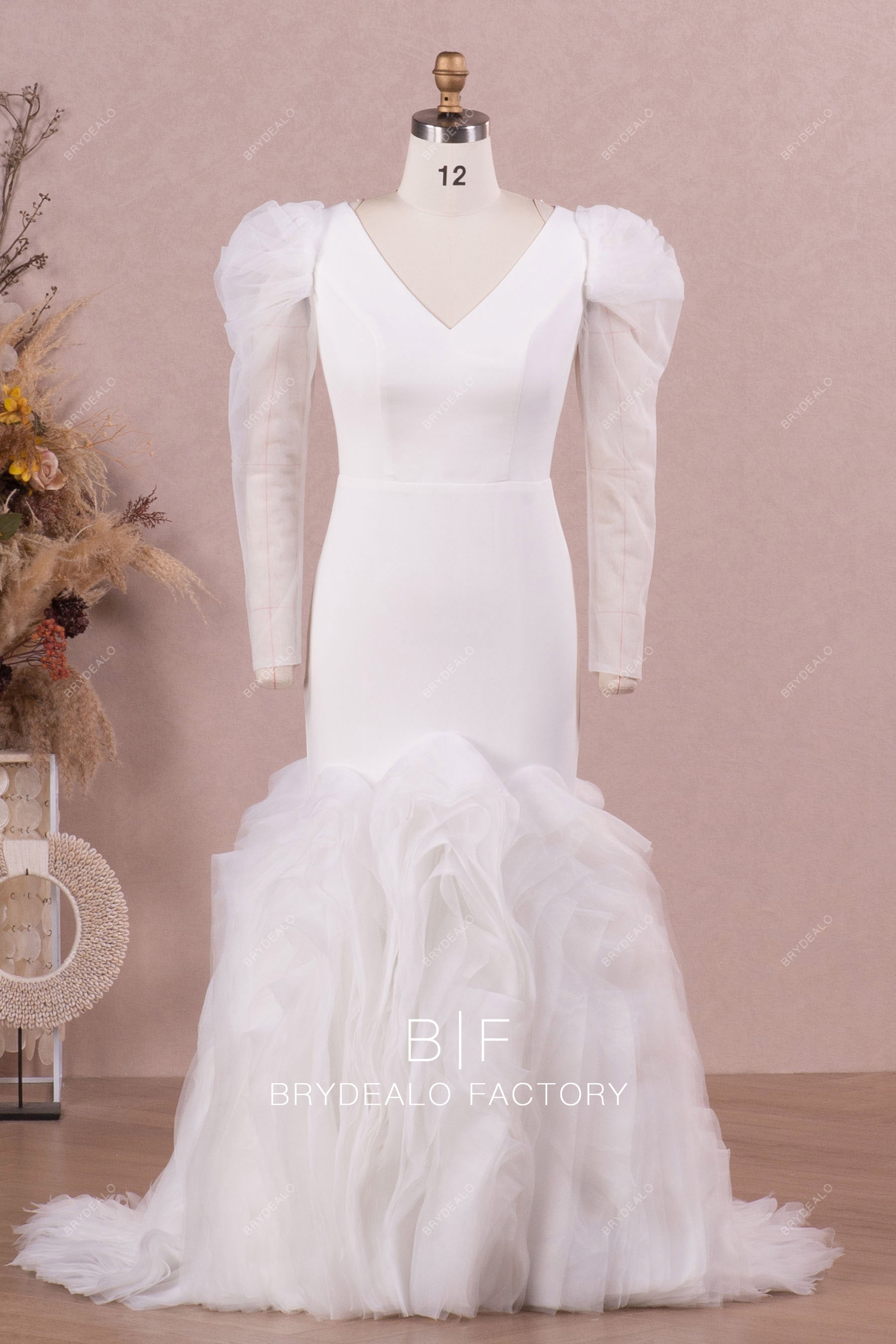 designer leg of mutton sleeve crepe wedding dress