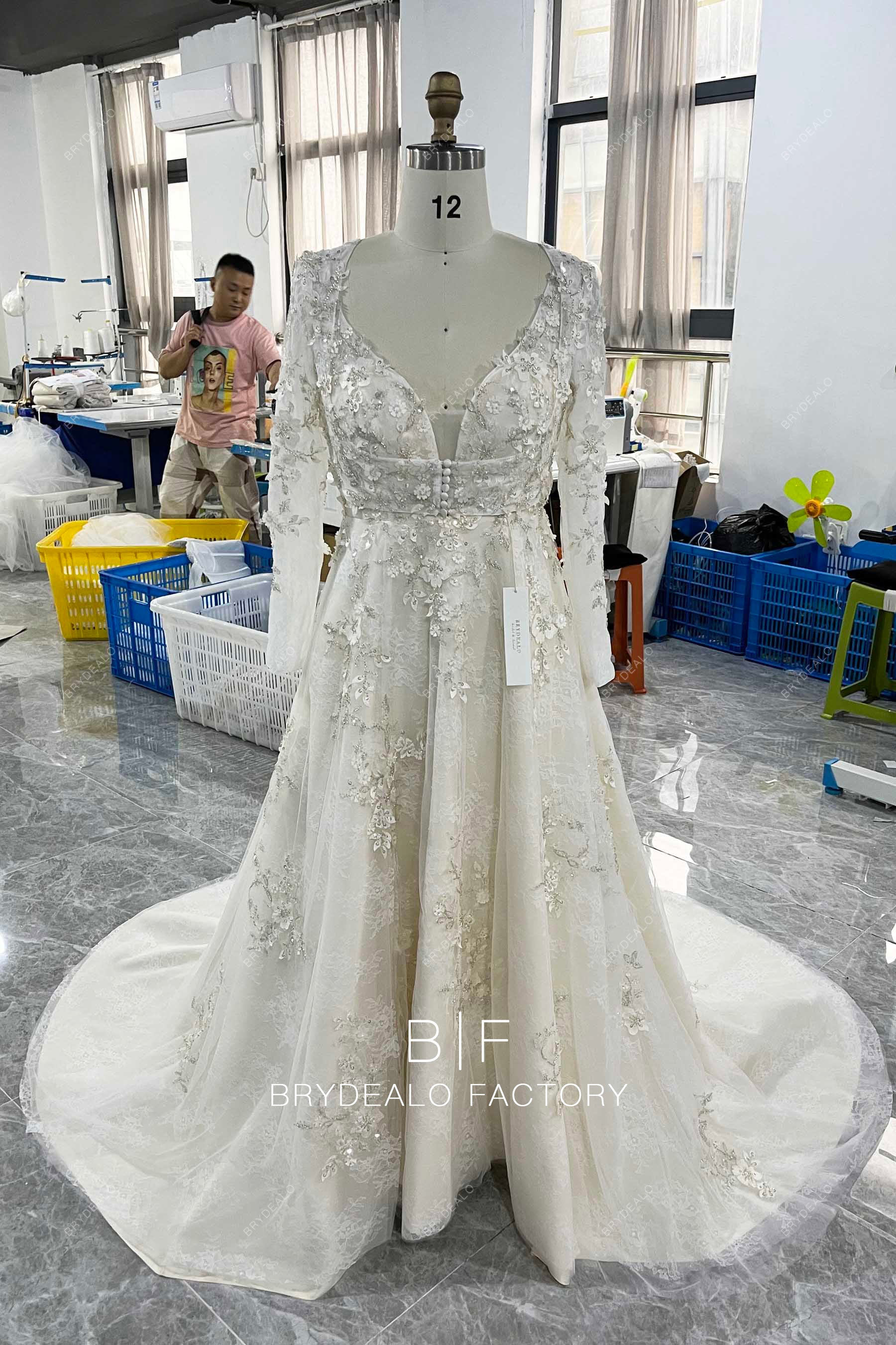 designer long sleeve jacket wedding gown