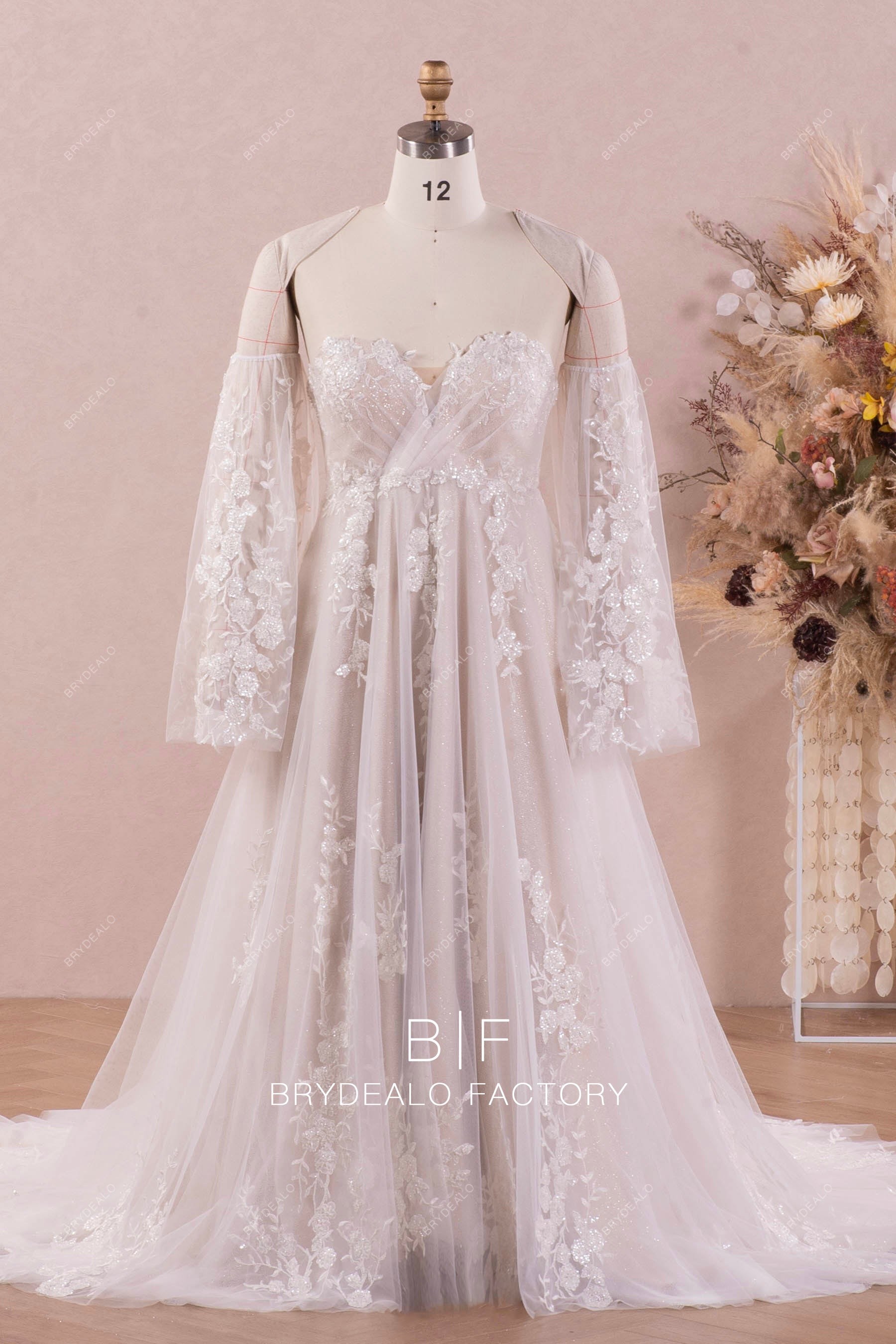 Shimmery Detachable Bell Sleeve Lace Maternity Wedding Dress Light Ivory Shimmery Detachable Bell Sleeve Lace Maternity Wedding Dress Light Ivory