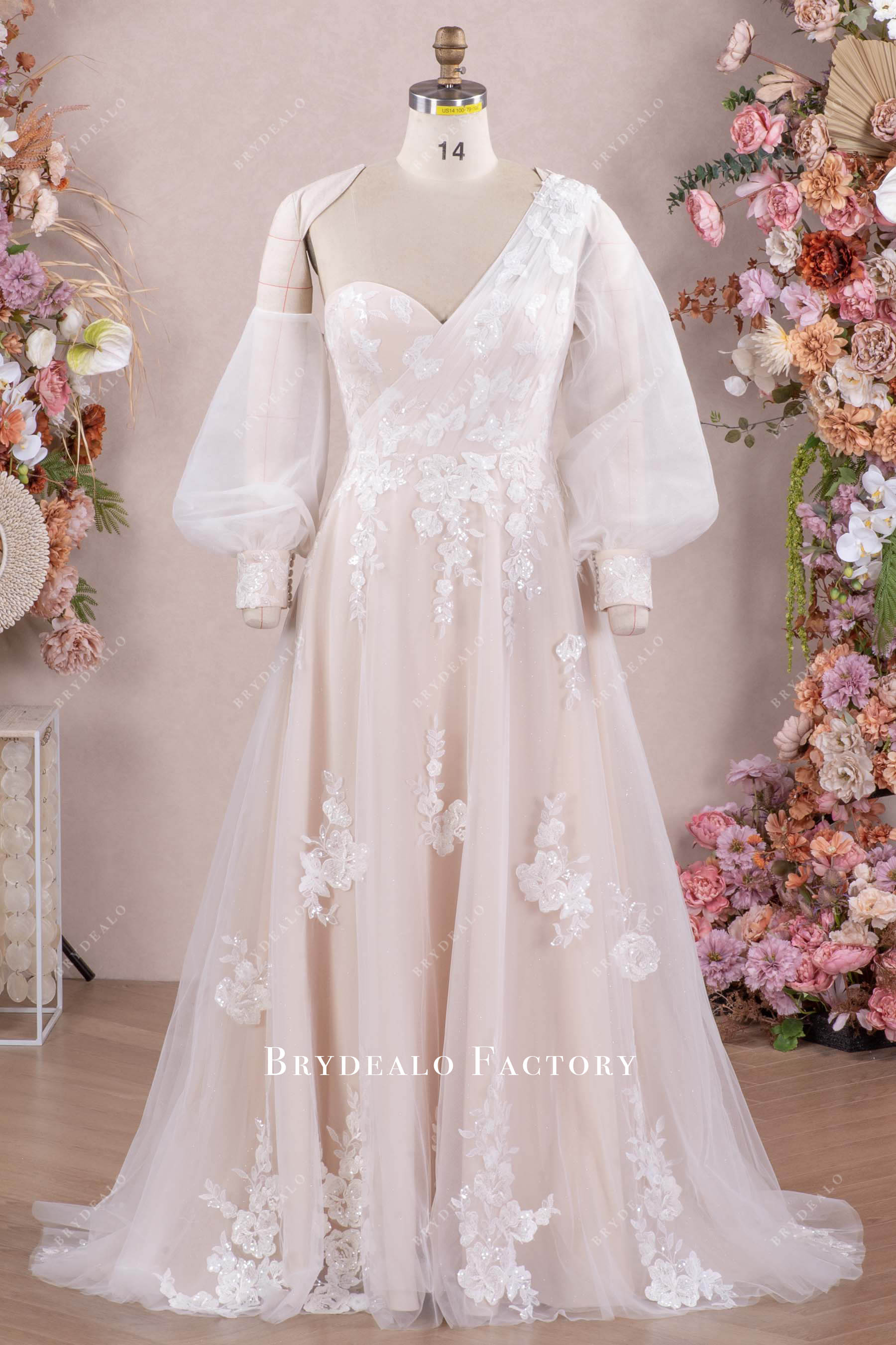 Designer Lace Private Label Champagne A-Line Wedding Dress Light Ivory