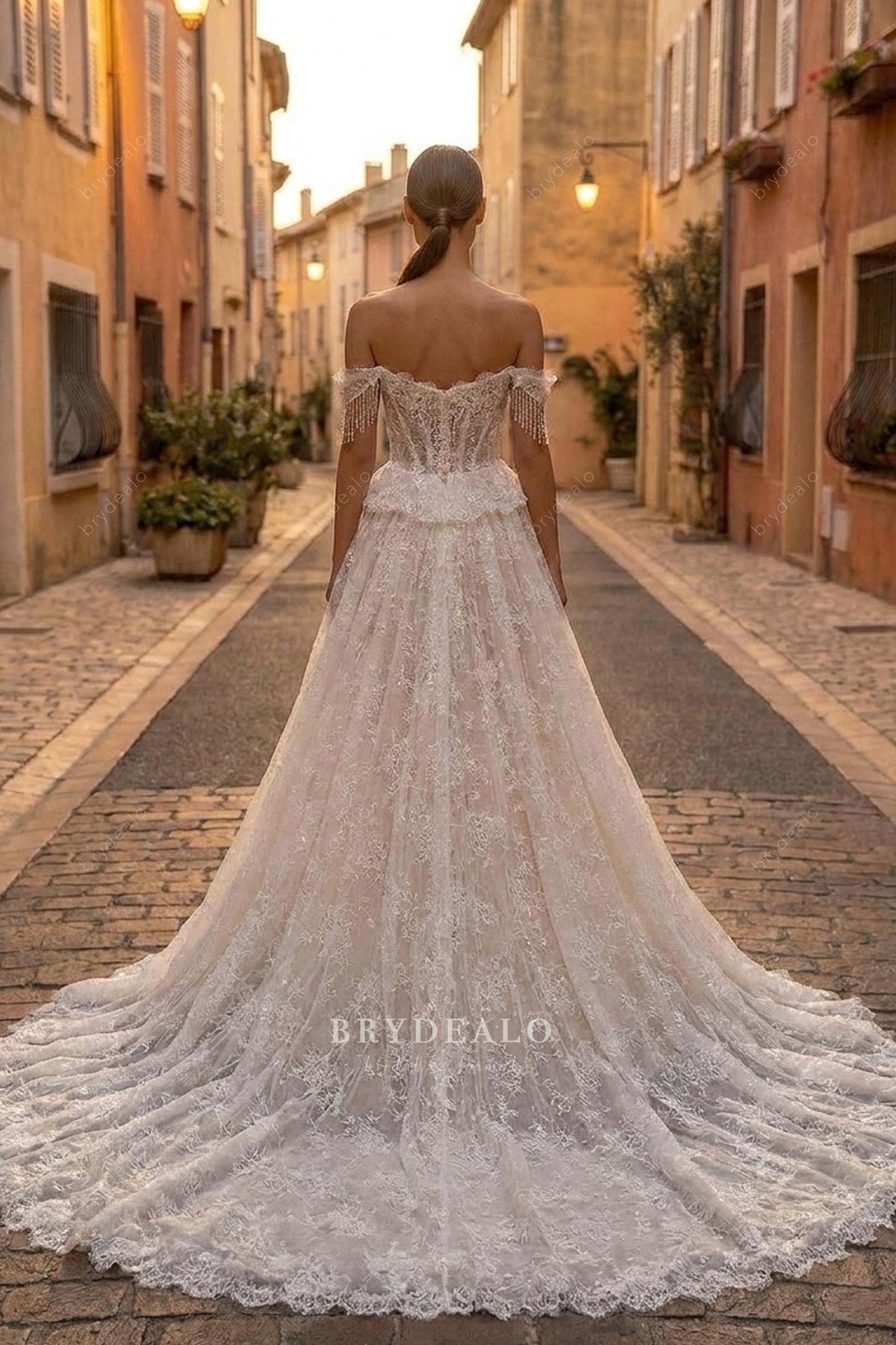 detachable long lace overskirt wedding dress