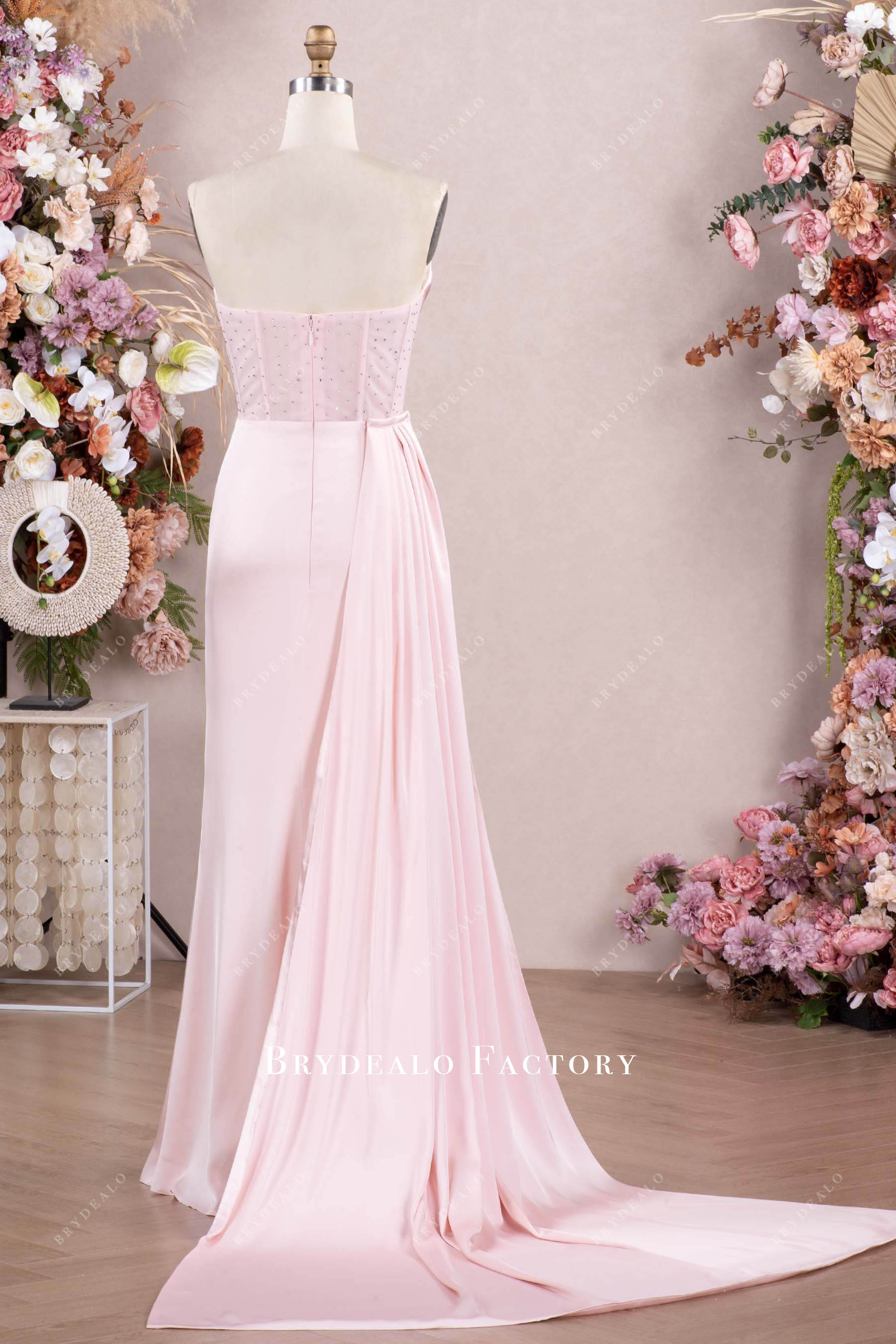 detachable long satin panel prom dress