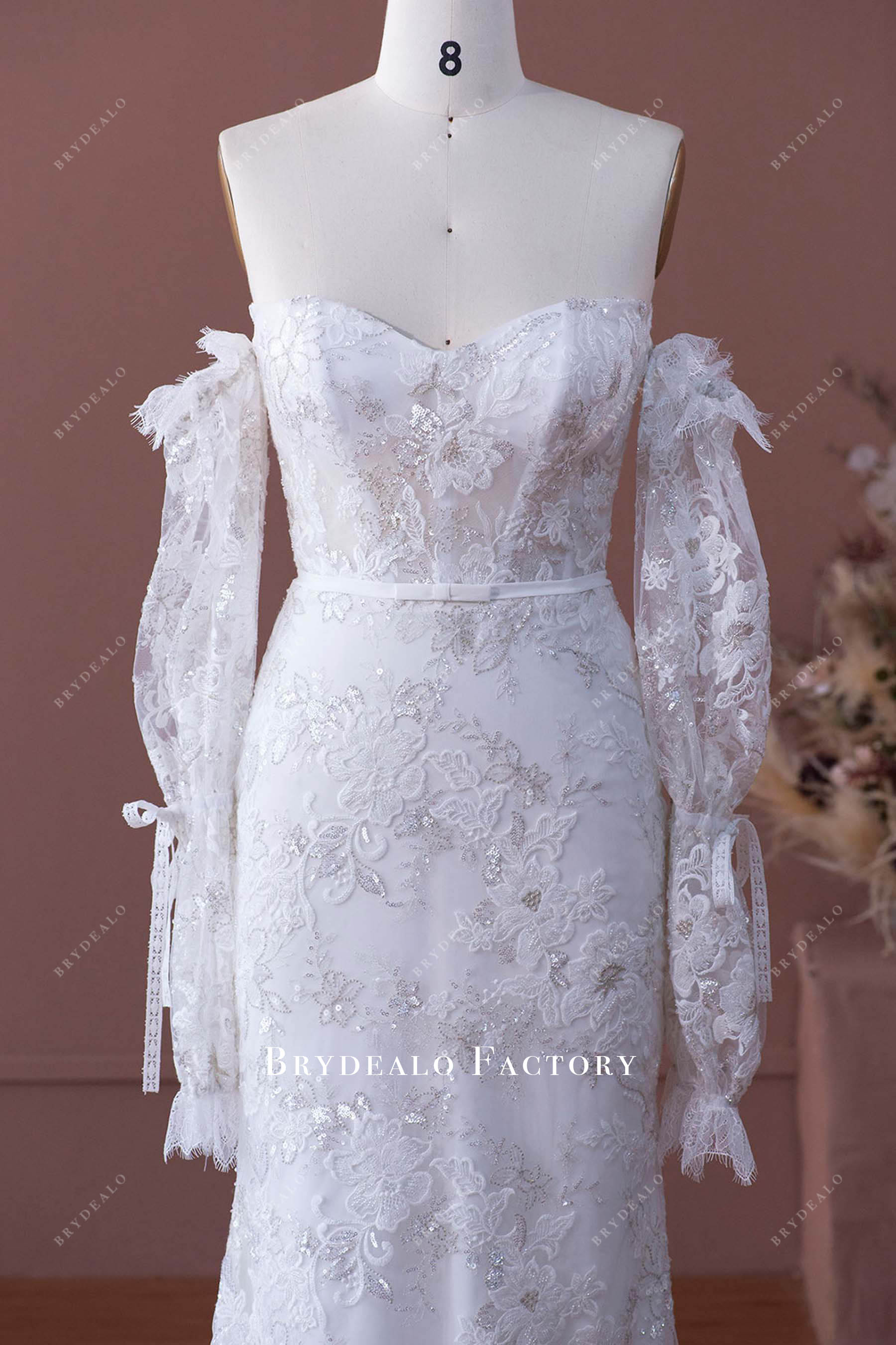 detachable long sleeves shimmery lace wedding dress